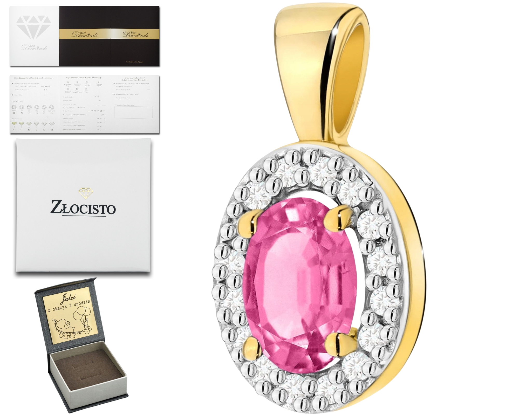 Zlatý Přívěsek S Růžovým Topazem A Diamanty Zlato 585 14K Dárek Gravírování