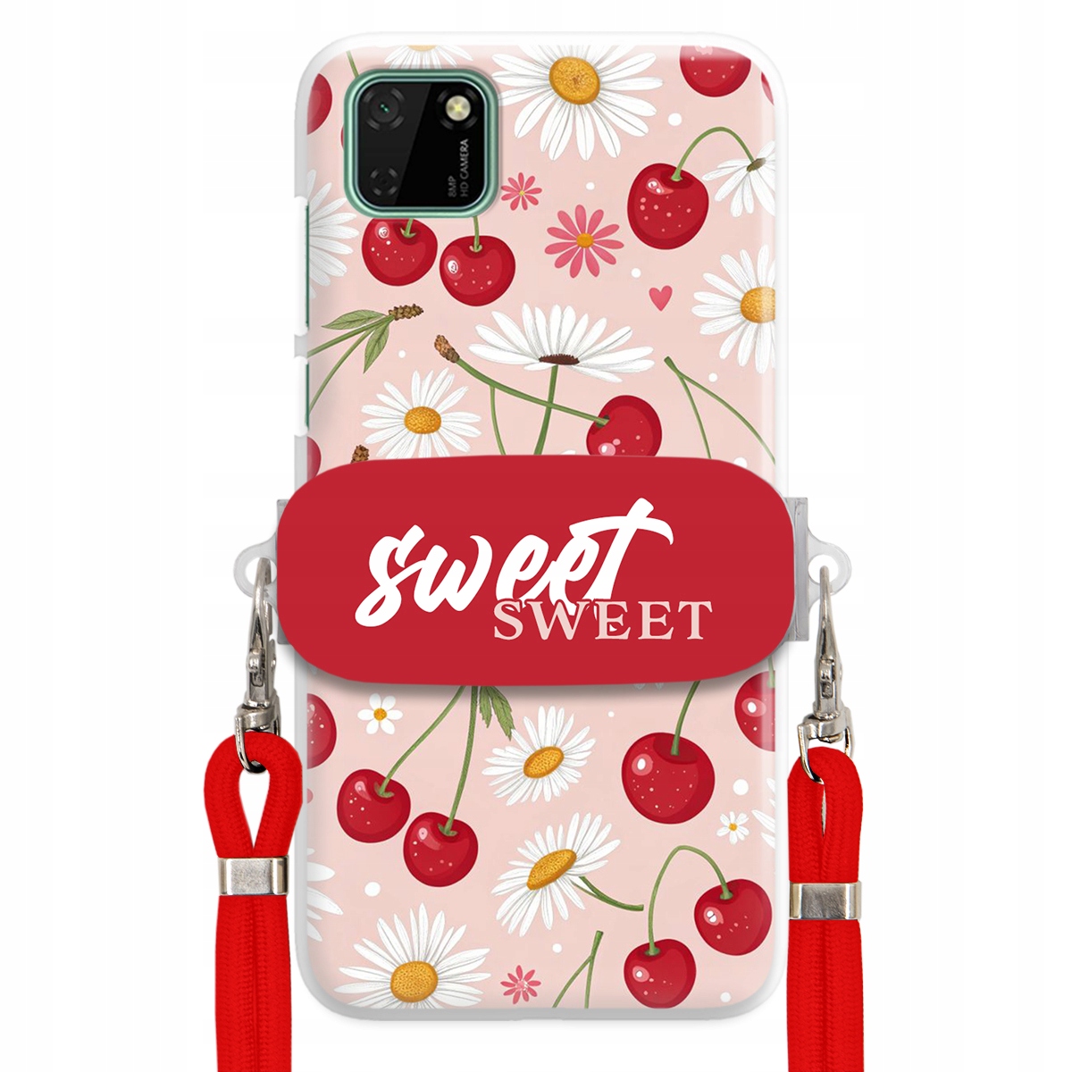 Puzdro pre Huawei Y5P Červené vodítko držiak Sweet Sweet Čerešňa a sedmokráska