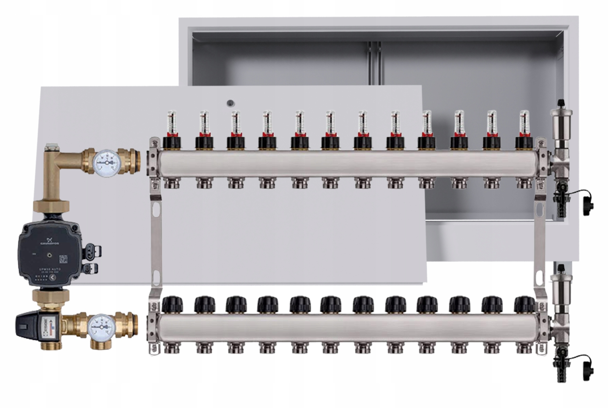 Nerezový rozdělovač pro podlahovku 12 podomítkový box Čerpadlo Grundfos