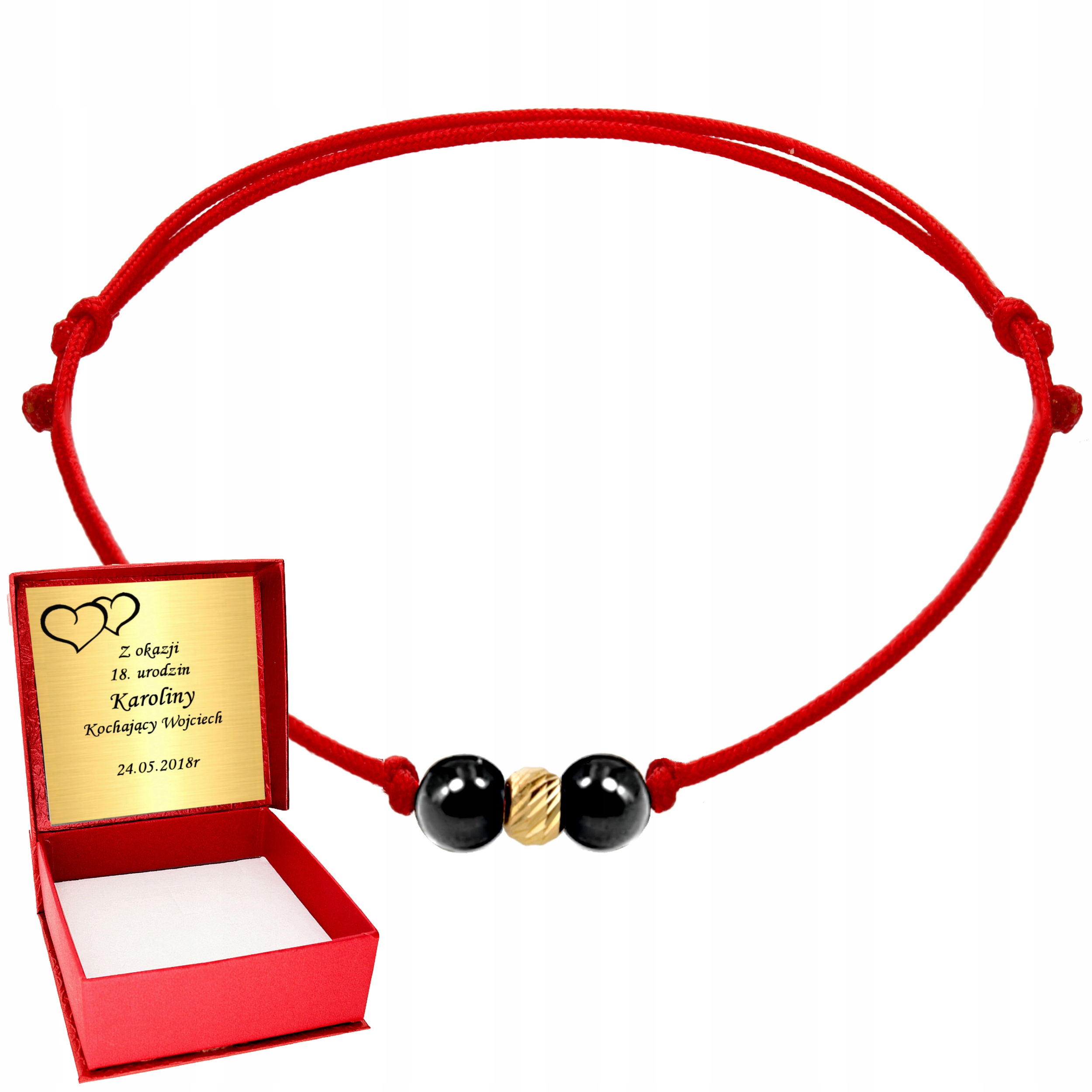 Złota bransoletka Szczęścia 585 Kulka Złoto 14K sznurek Turmalin Grawer