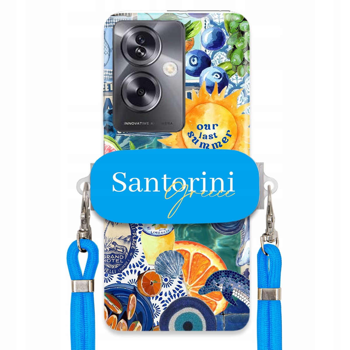 Puzdro pre Oppo A79 5G Modré Crossbody vodítko držiak Santorini Sea Vibes