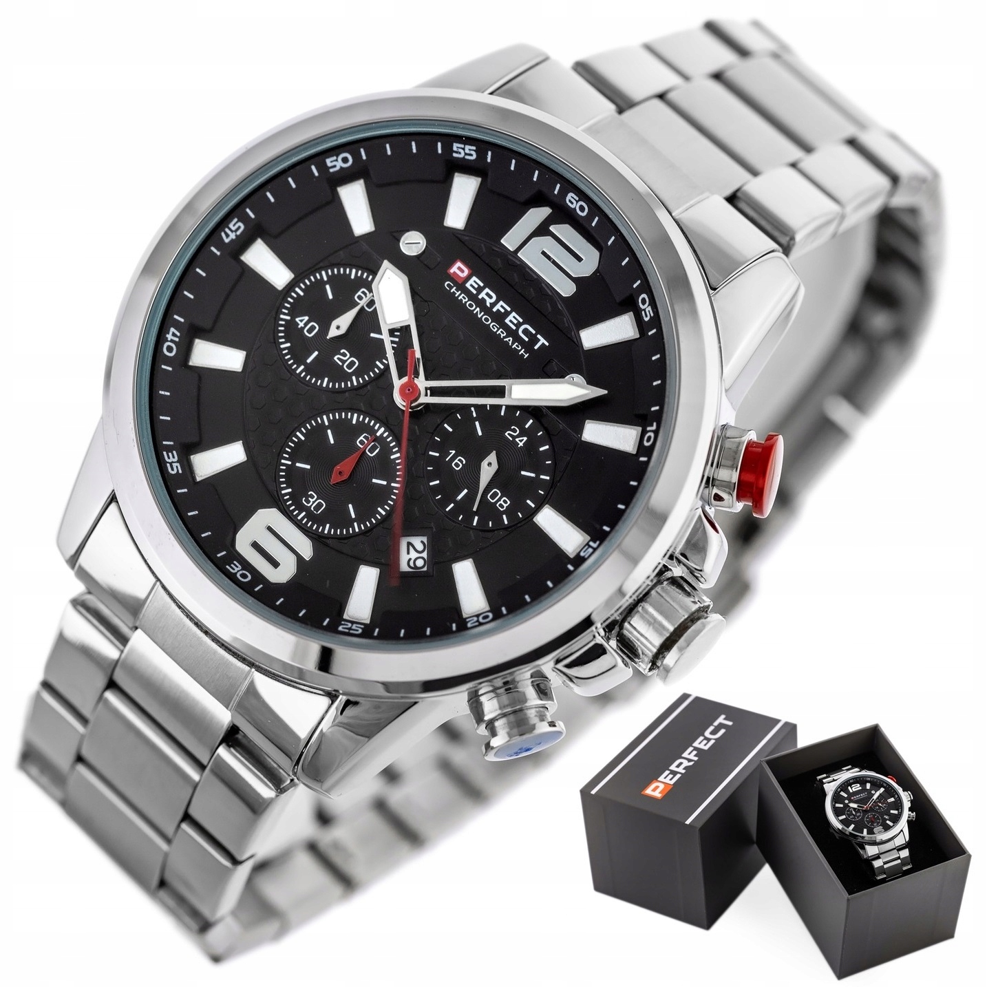 ZEGAREK MĘSKI PERFECT BOLTON +BOX +GRAWER CHRONOGRAF DATOWNIK STALOWY