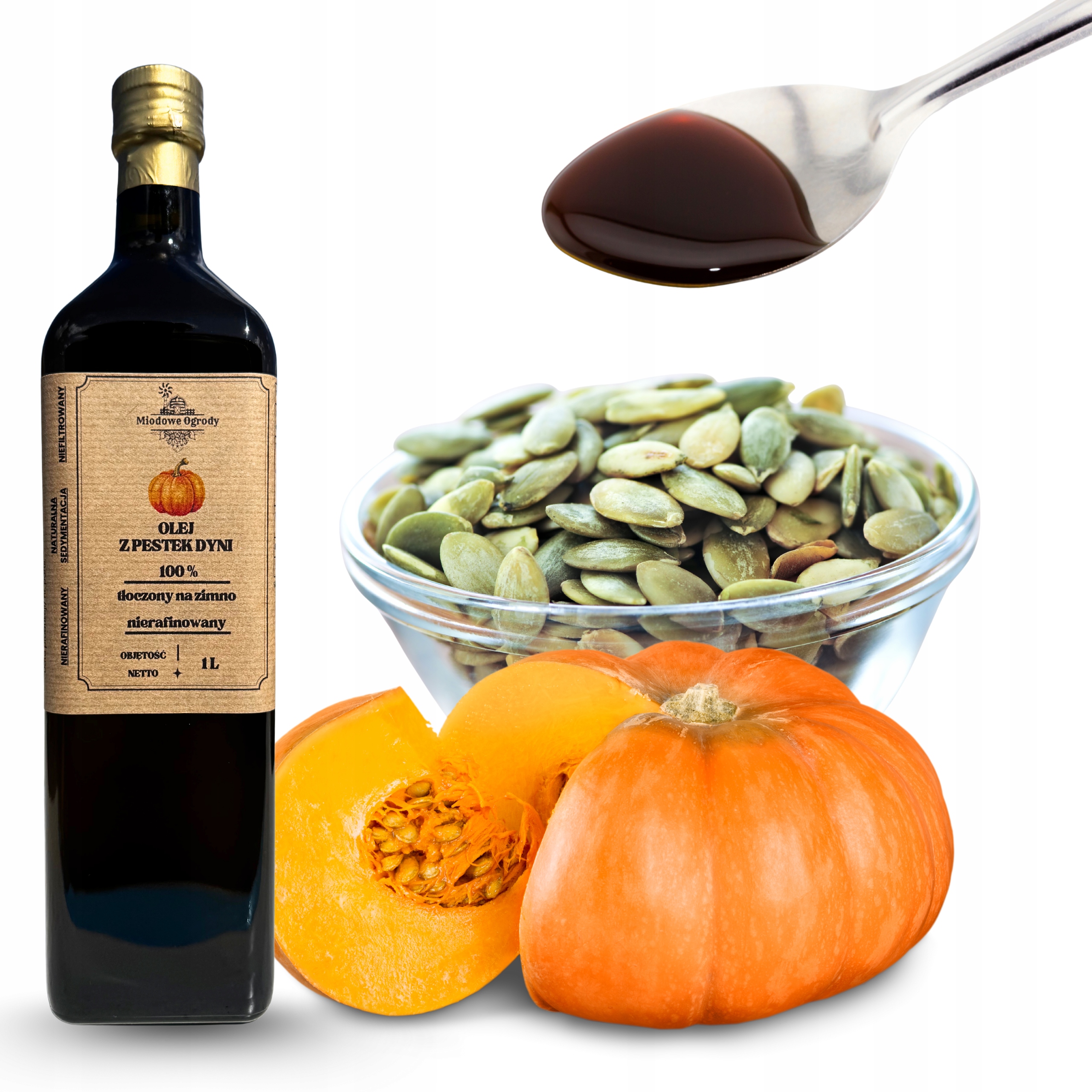 Levně Dýňový olej 1000ml Čerstvě lisovaný za studena Výrobce Miodowe Ogrody