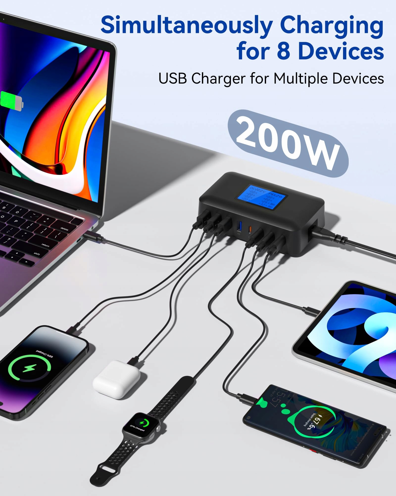 USB C 200W ŁADOWARKA 8-Portowa Stacja Ładowania LCD PD 65W MacBook — miniatura 5