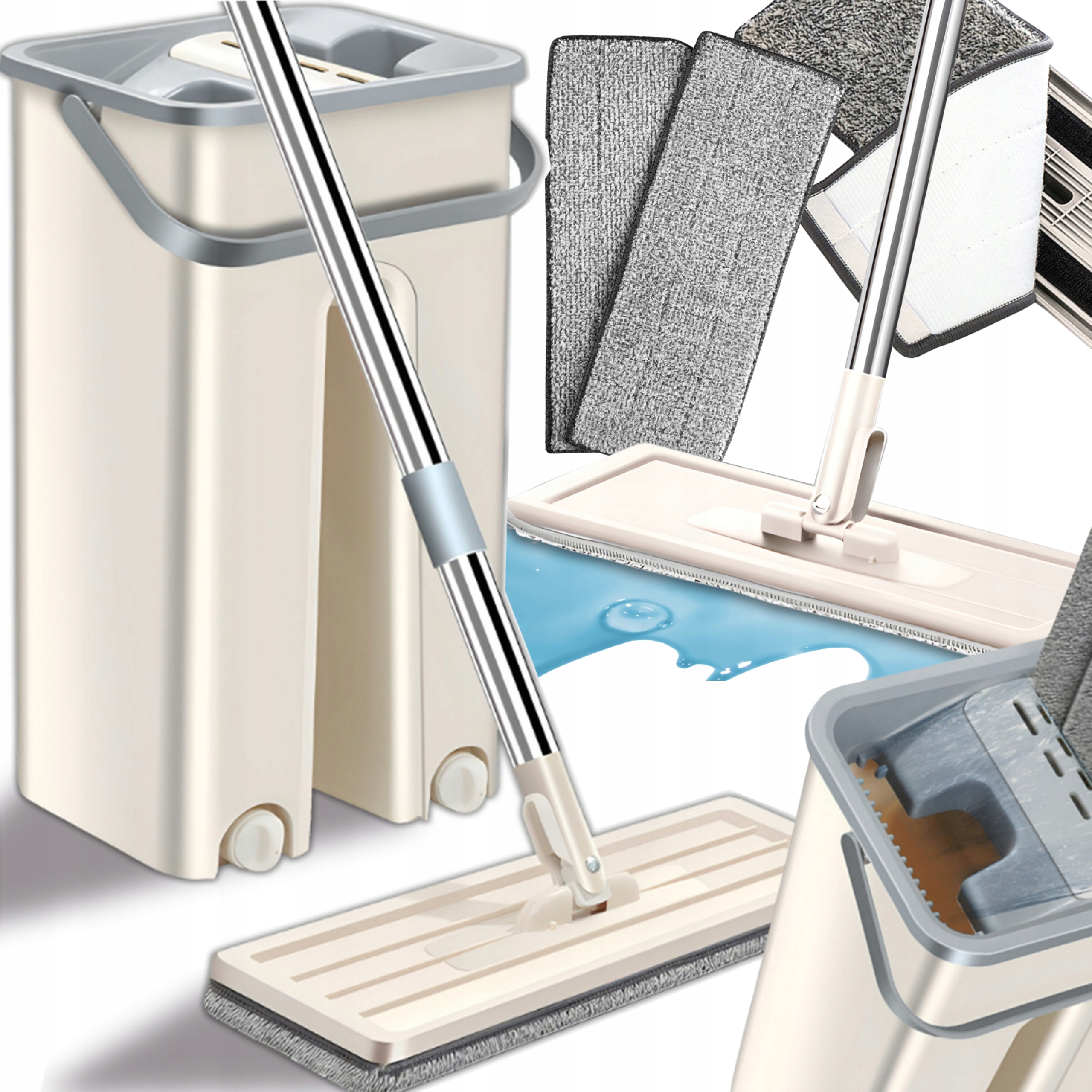 MOP PŁASKI Z WYCISKACZEM I WIADREM DWUKOMOROWYM + 2 WKŁADY MICROFIRBA