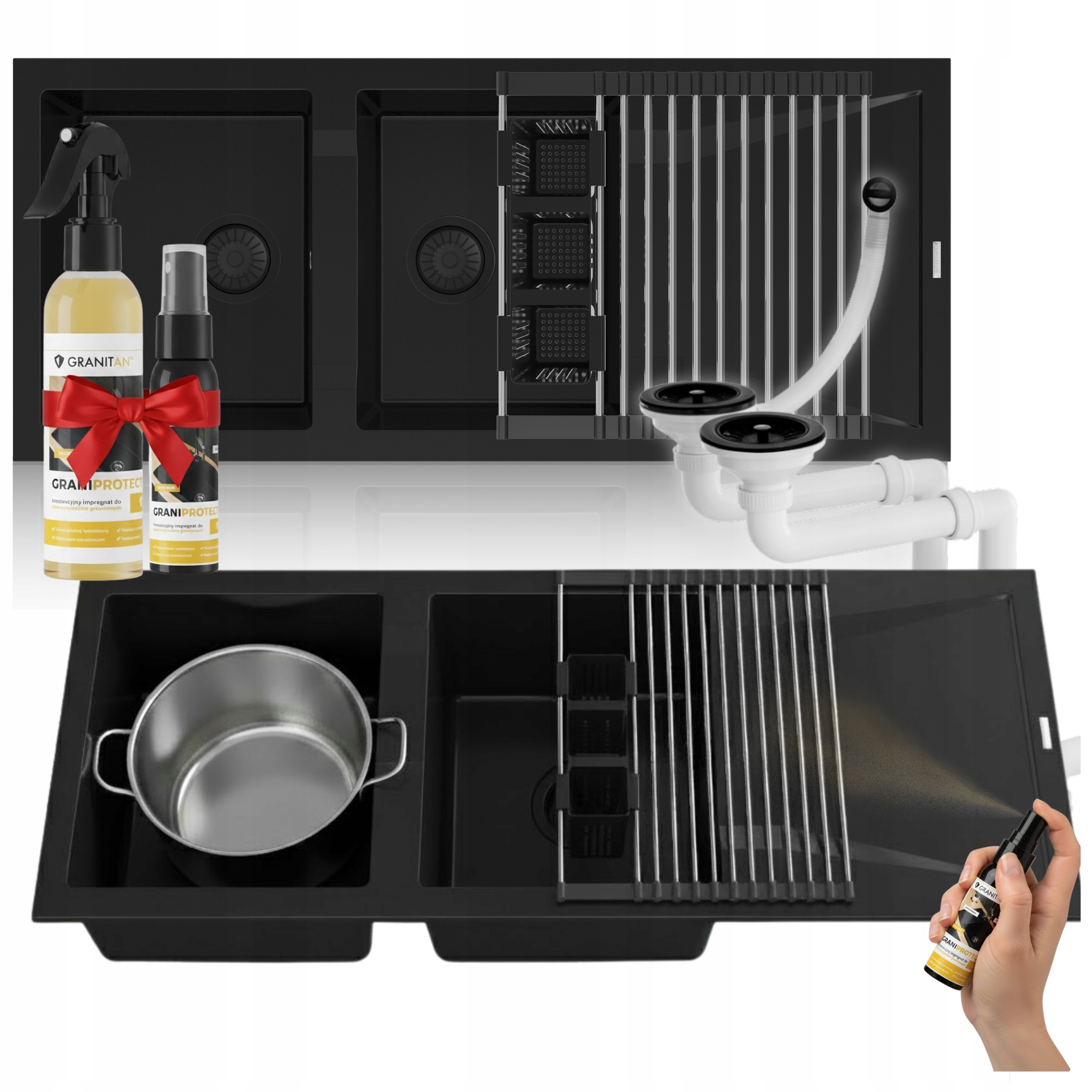 Granitový dřez Primo černý Dřez 2-komorový s odkapávačem Set