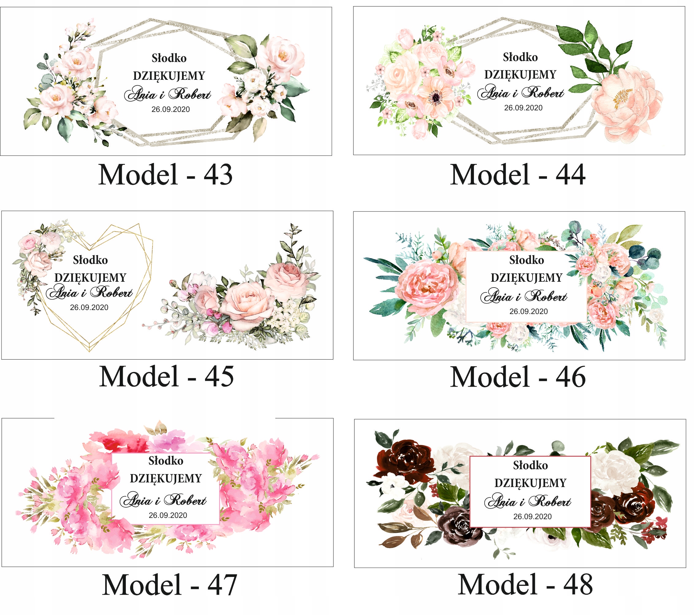 Etykiety naklejki na ciasto wesele ślub 21szt XXL Szerokość produktu 18.2 cm