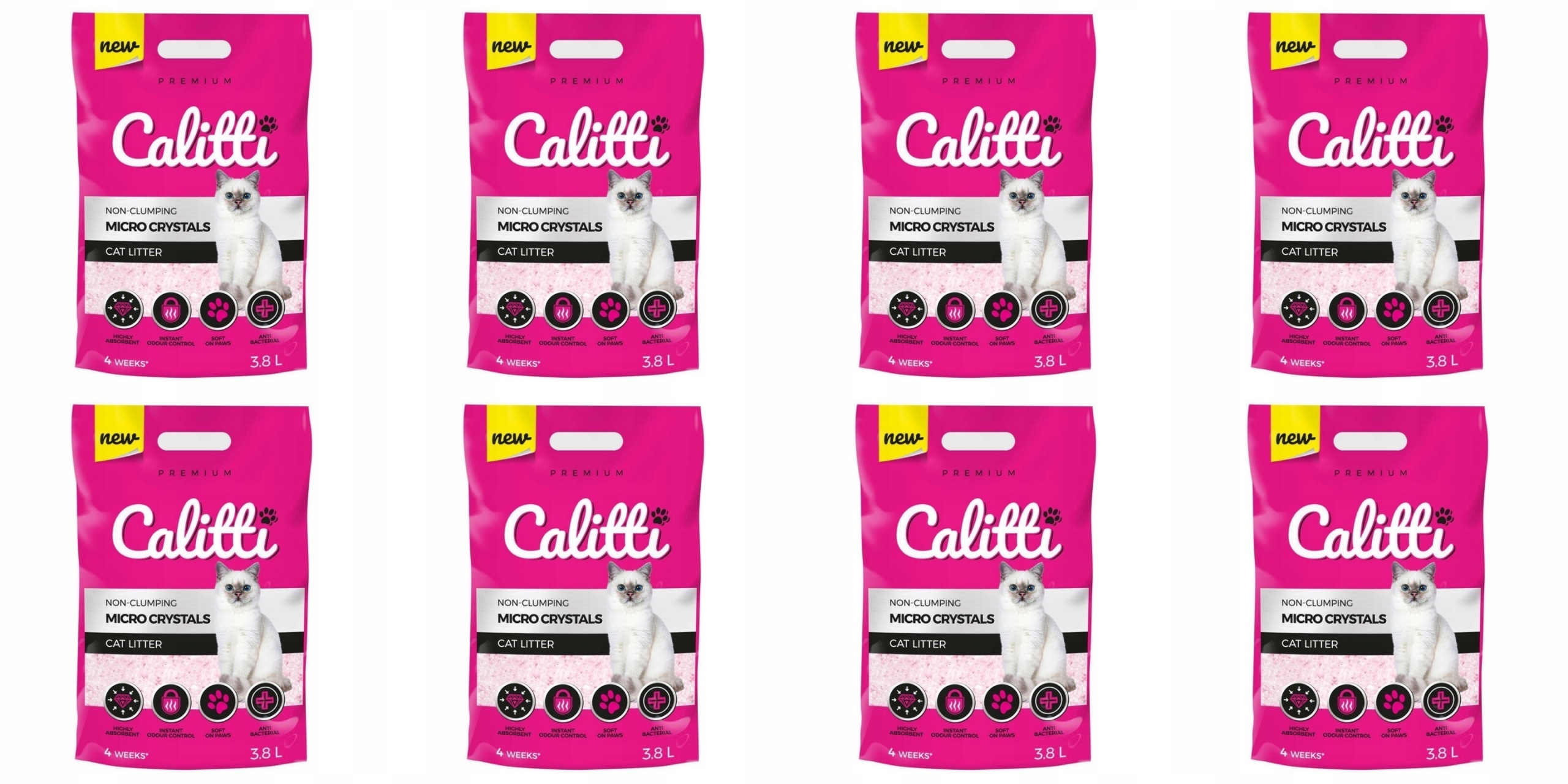 Silikonové Stelivo pro kočky Calitti Micro Crystals, savé a jemné, 8 x 3,8 l