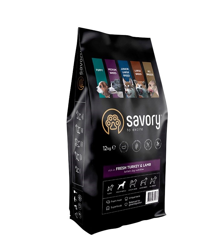Savory suché krmivo pro dospělé psy, krůta jehněčí, střední plemeno 12 kg