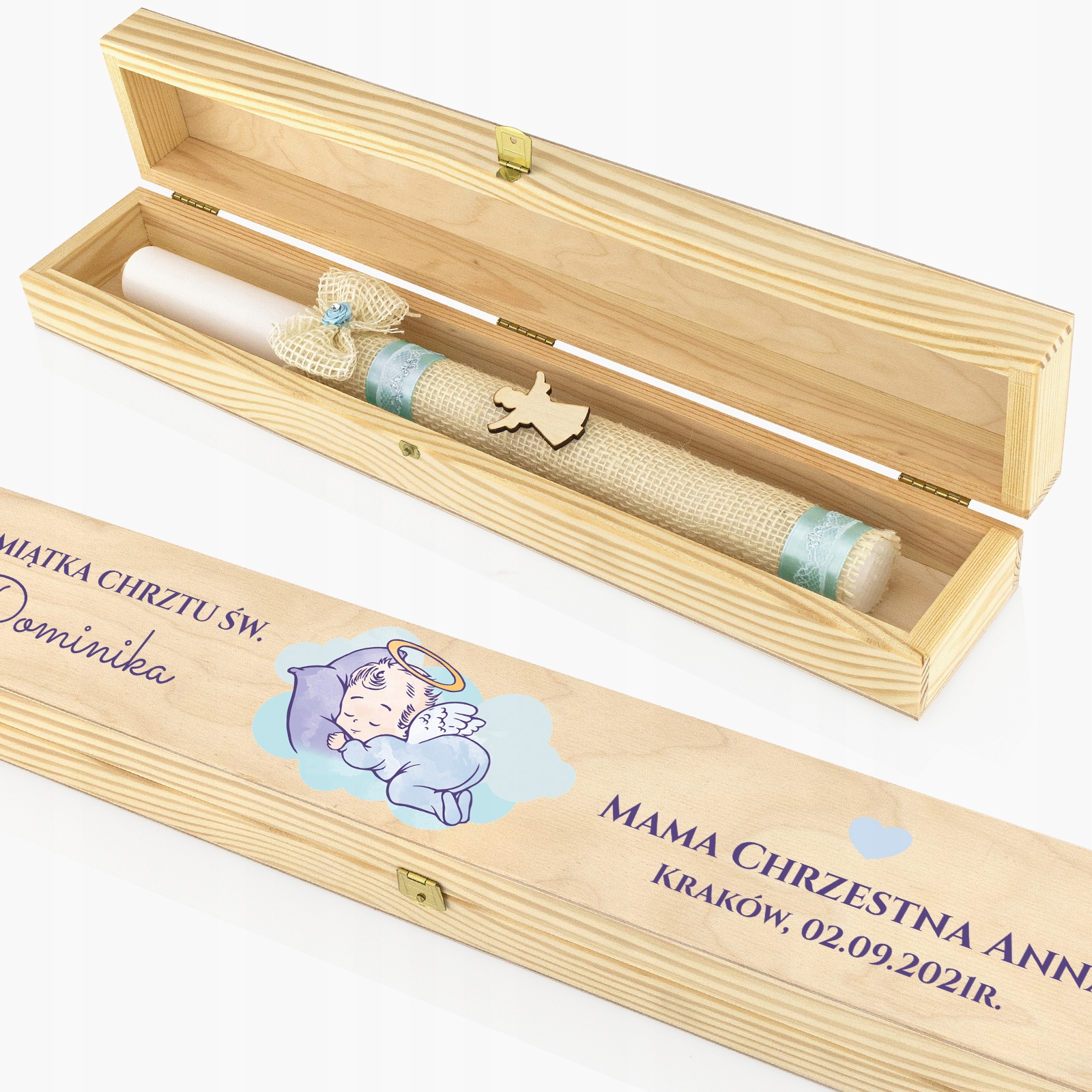 SZATKA I ŚWIECA do chrztu + PUDEŁKO IMIĘ NADRUK EAN (GTIN) 5904181019972