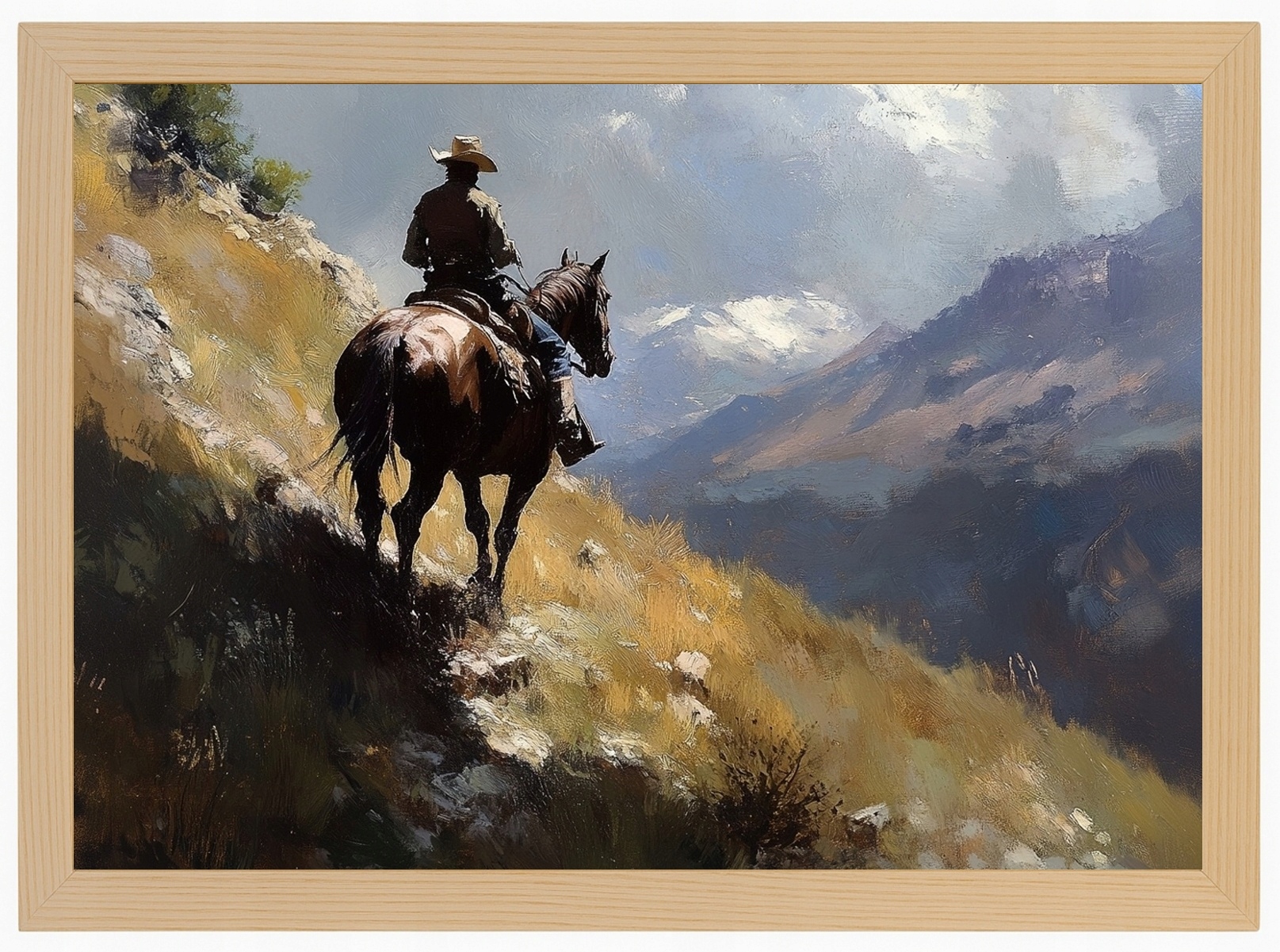 Plakát Rámeček Dřevo Hory Kůň Muž Jezdec Cestování Kovboj 100x70