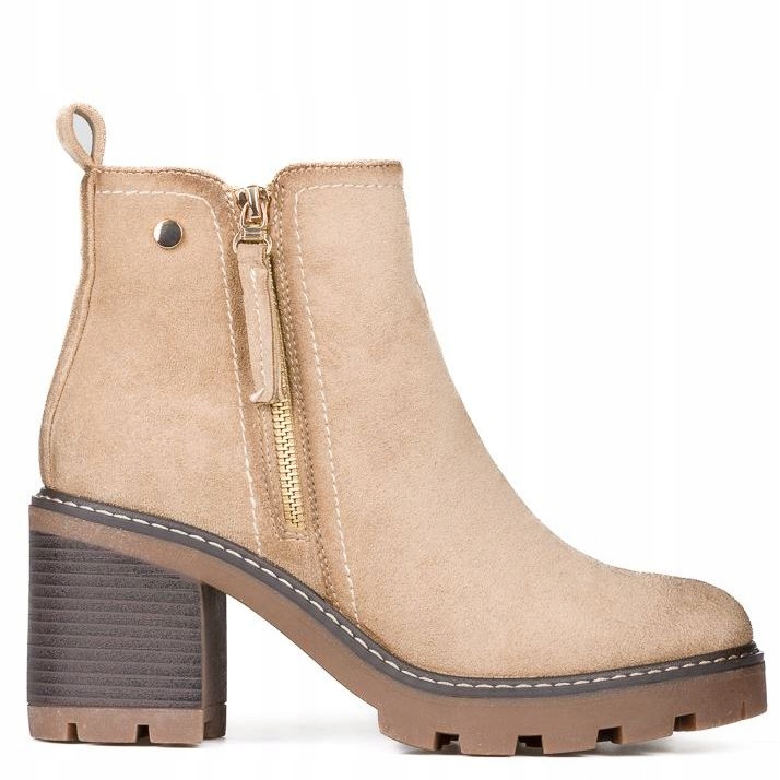 Béžové Kotníkové Boty Na Semišovém Podpatku, Teplé, 2 Zipy 40