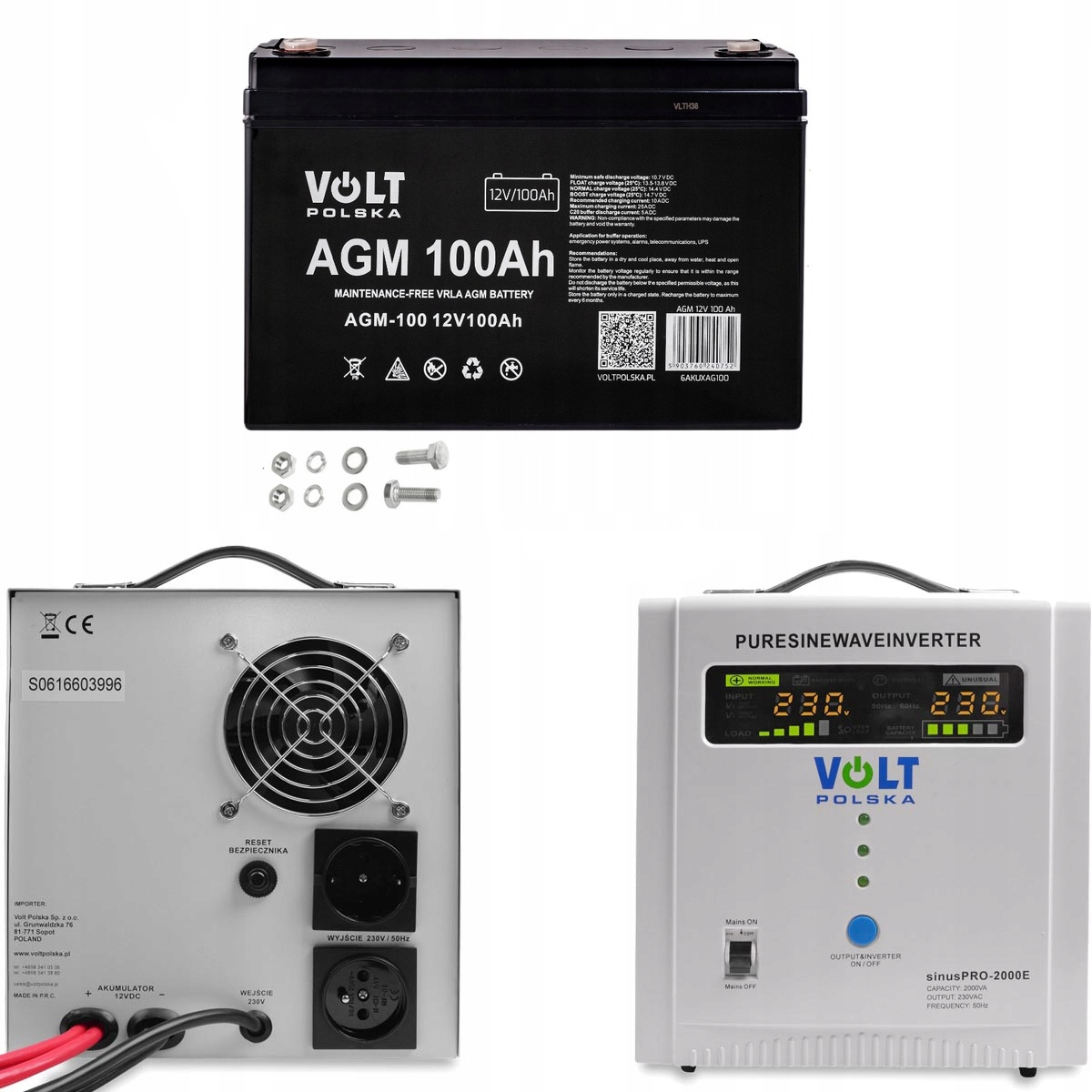 Zestaw Zasilania Awaryjnego Ups Volt Polska Sinus Pro 2000E 12V 100AH Agm