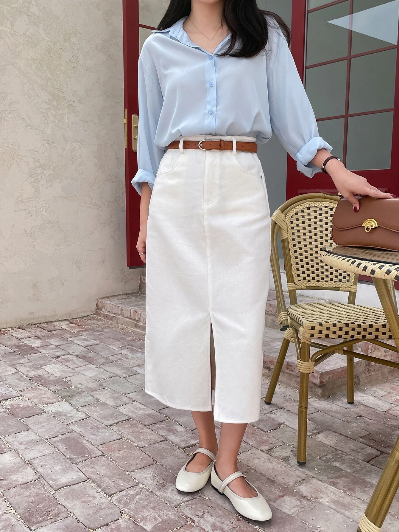 SPÓDNICA JEANSOWA BIAŁA PROSTA CASUAL MIDI L 1ŁTA Wzór dominujący bez wzoru