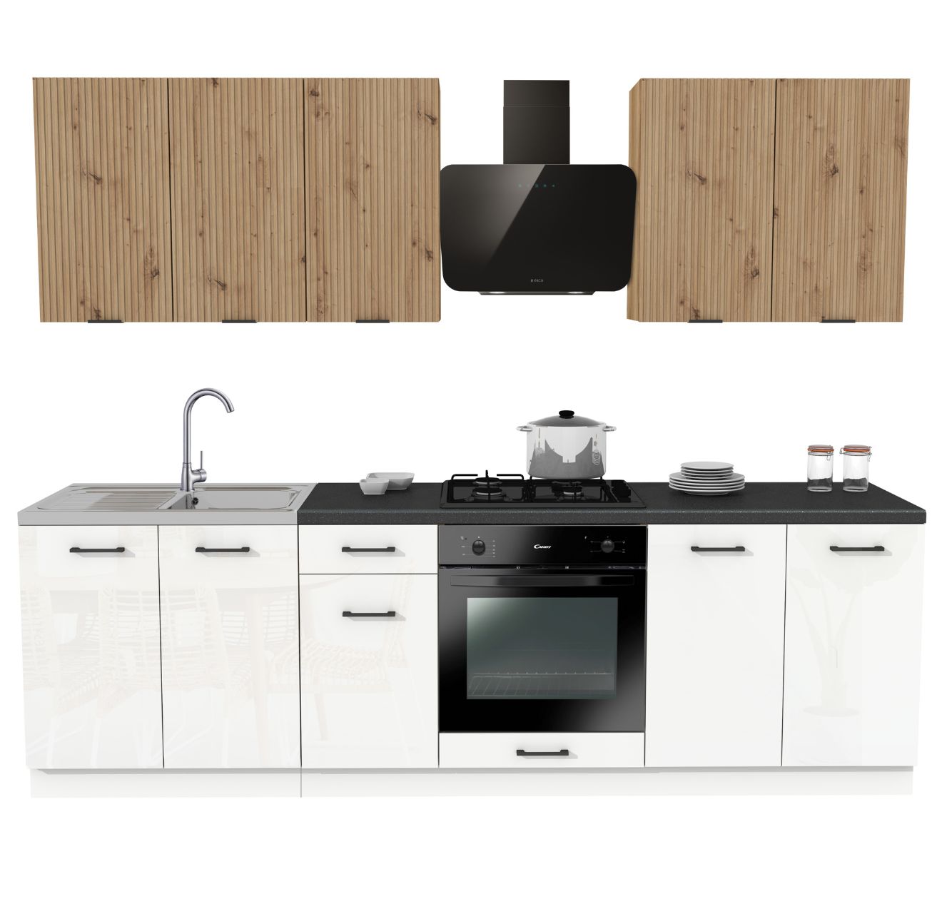 Kuchyňský set Mix 260 Bílý Akryl Lesk a Dub Artisan Rýhovaný s deskou