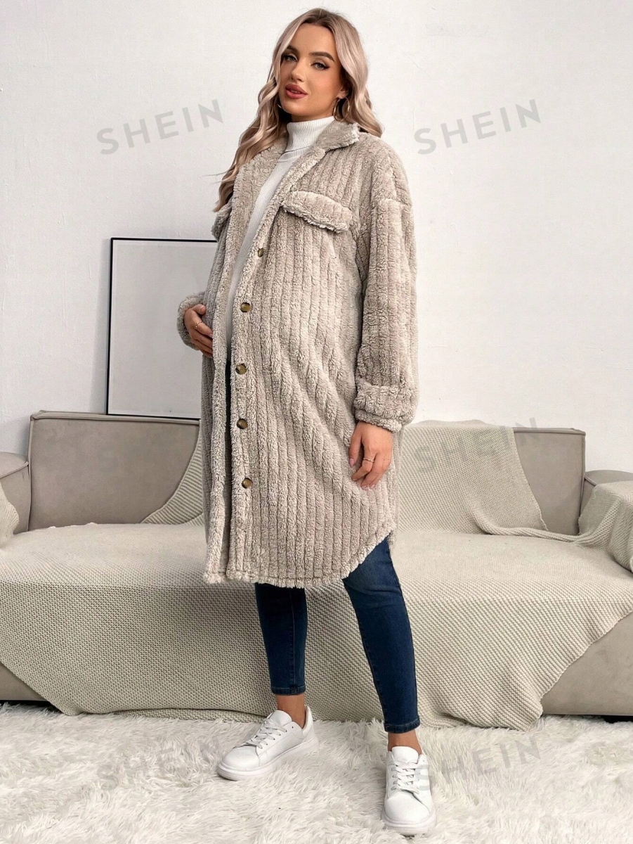 SHEIN MATERNITY PŁASZCZ DAMSKI PLUSZOWY BEŻOWY S 393 Rozmiar S