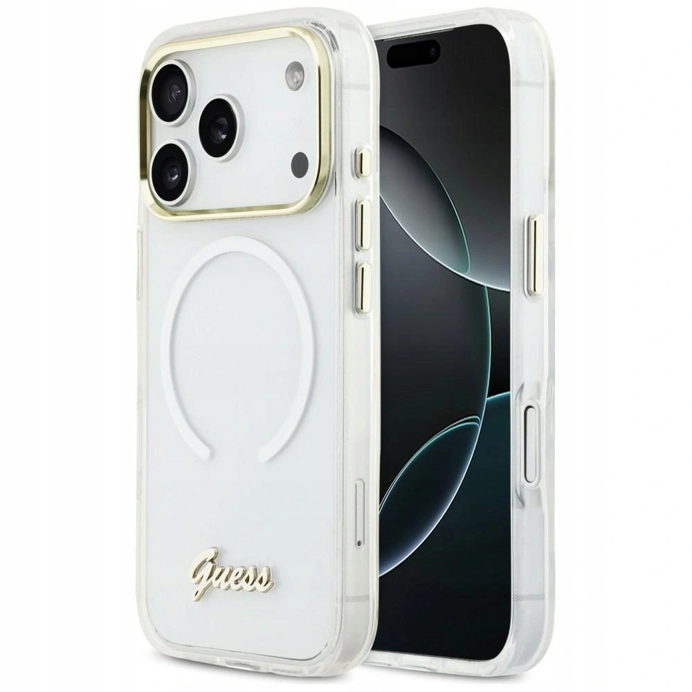 Pouzdro Guess IML Gradient Script Metal MagSafe pro iPhone 17 Pro bílé