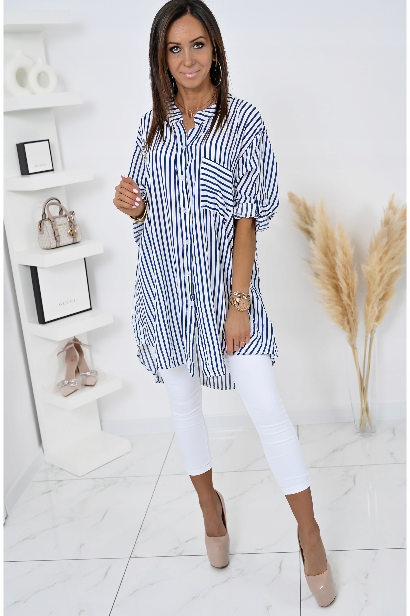 REWELACYJNA KOSZULA OVERSIZE W PASKI SHARA! WZ.2 Dekolt kołnierzyk