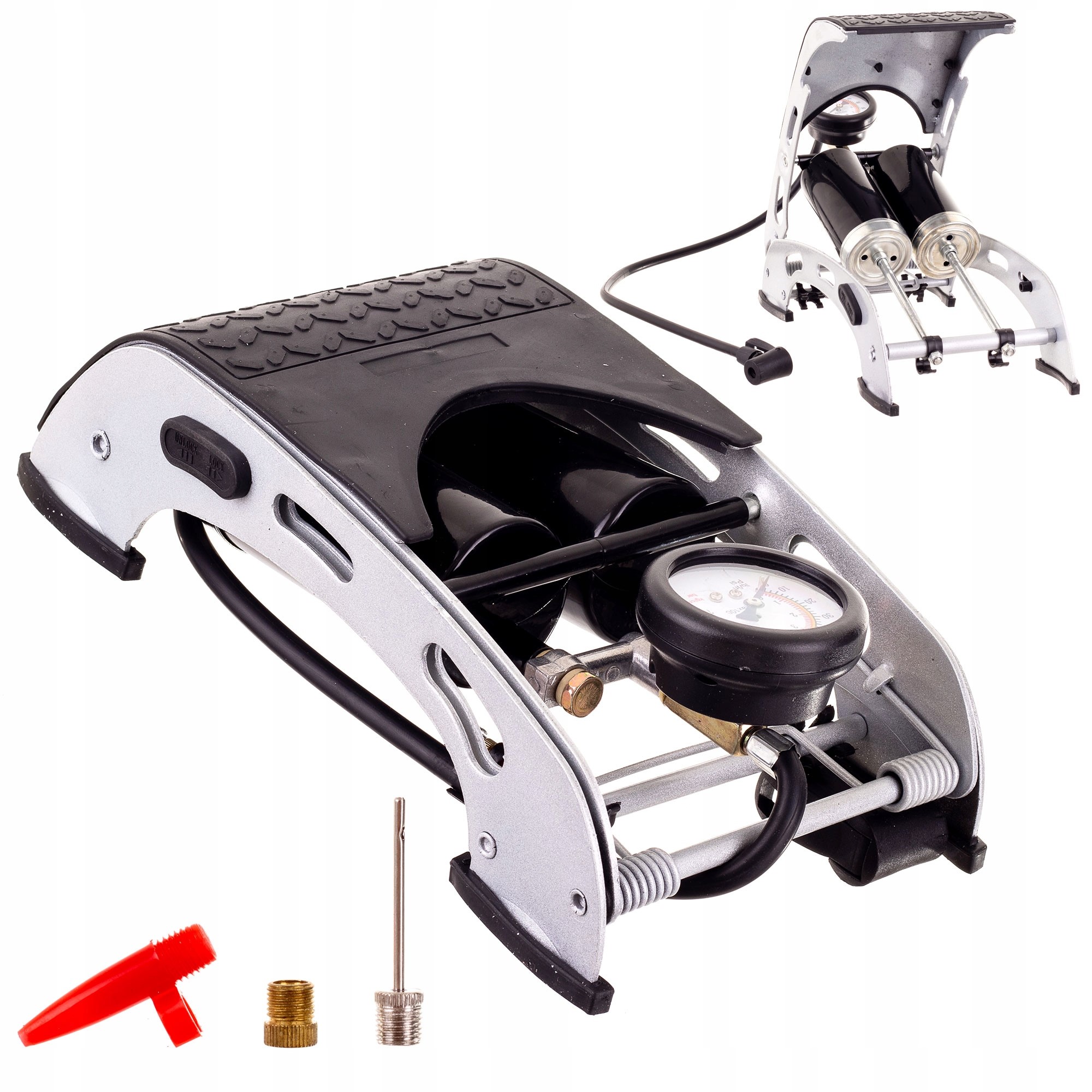 POMPKA SAMOCHODOWA NOŻNA DWUTŁOKOWA DO KÓŁ OPON