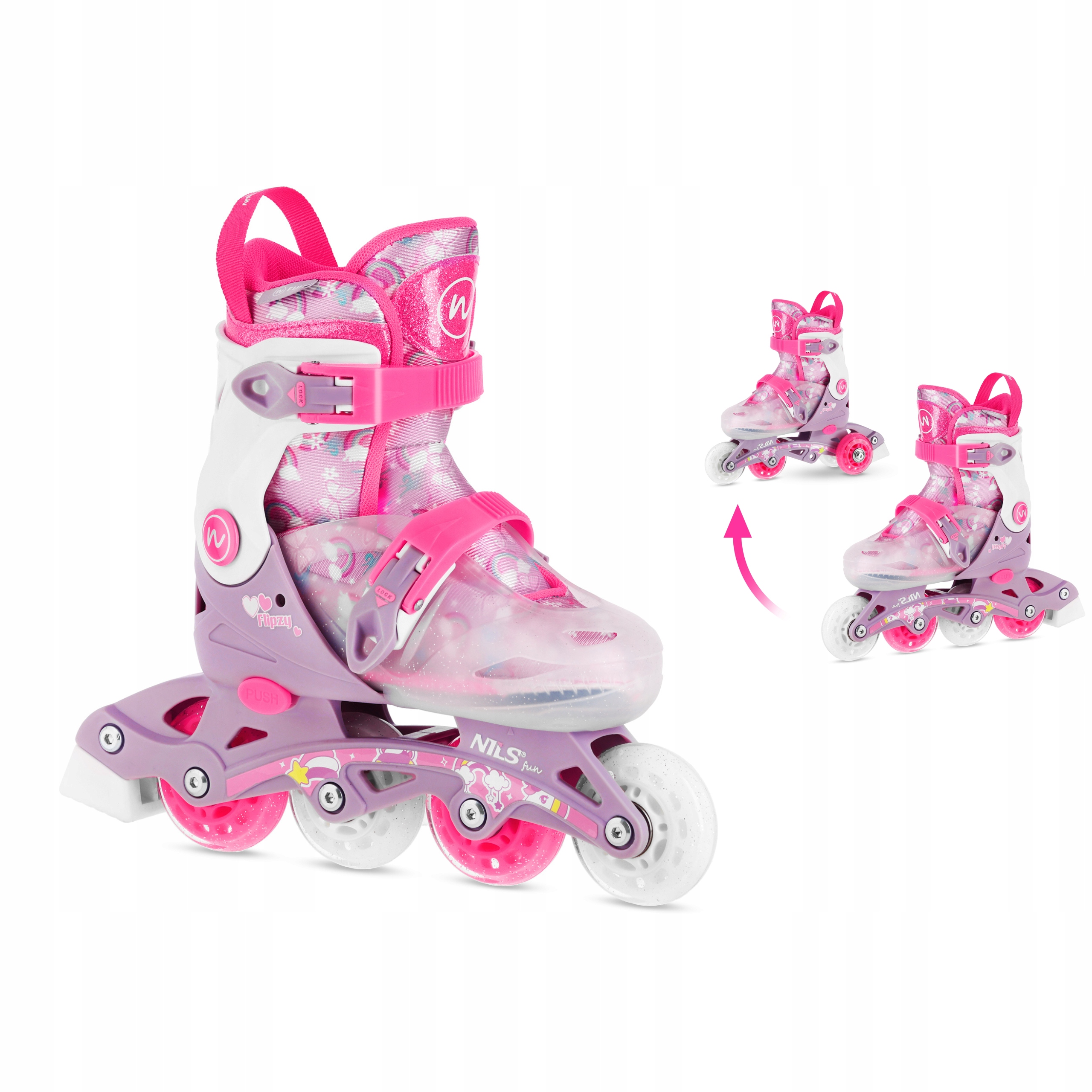 Brusle 2v1 2v1 nastavitelné růžové brokátové motýlky Xs 27-30 Nils Fun