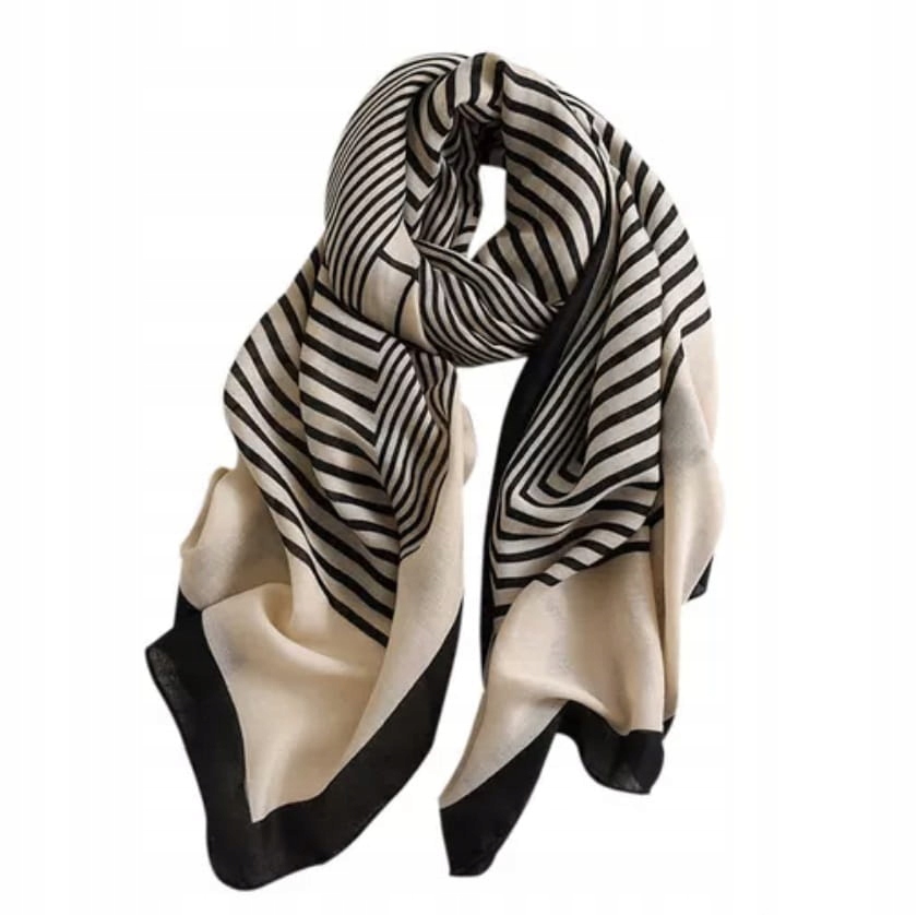 Szalik szal damski apaszka elegancki beżowy w paski paseczki cienki