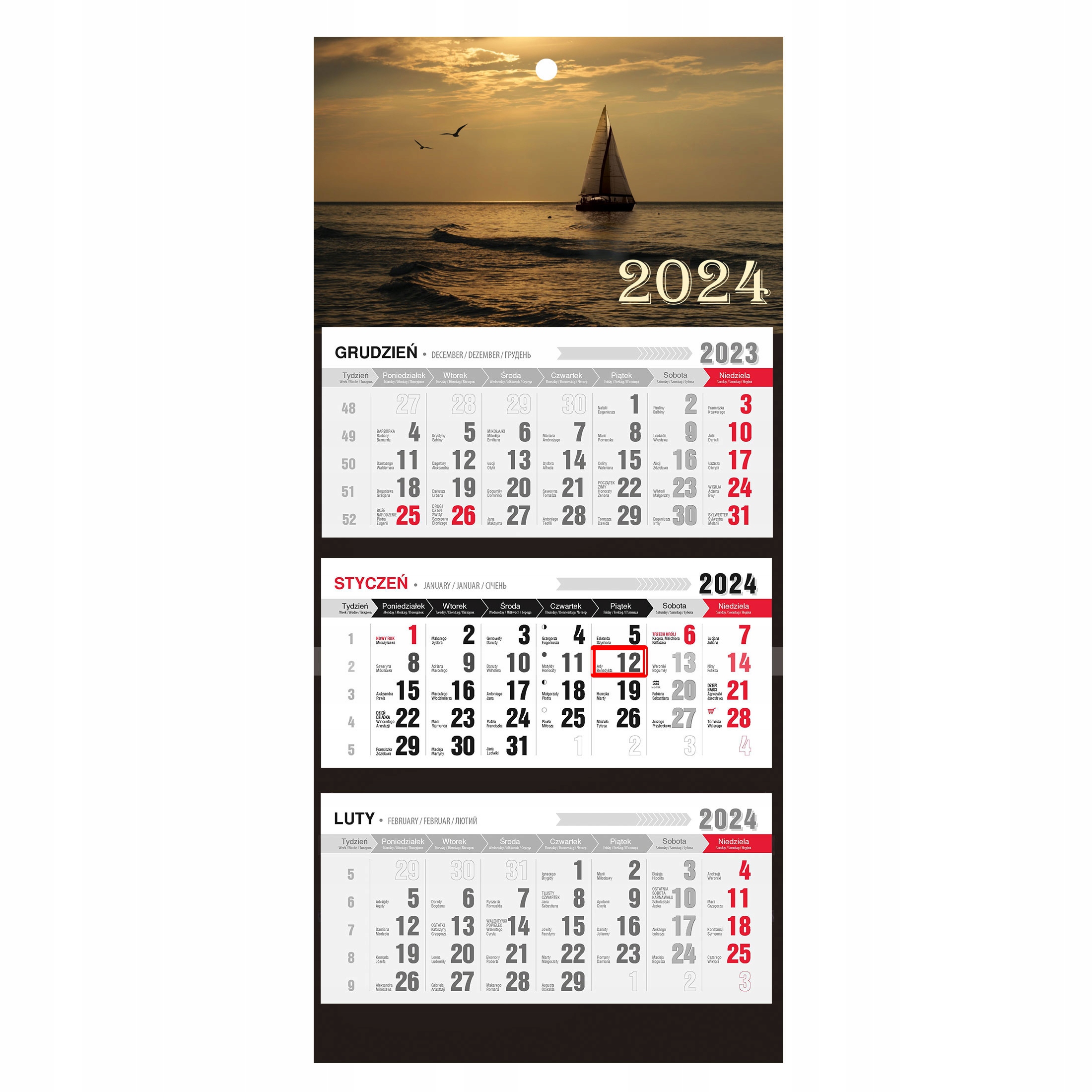 Kalendarz trójdzielny ścienny morze 2024