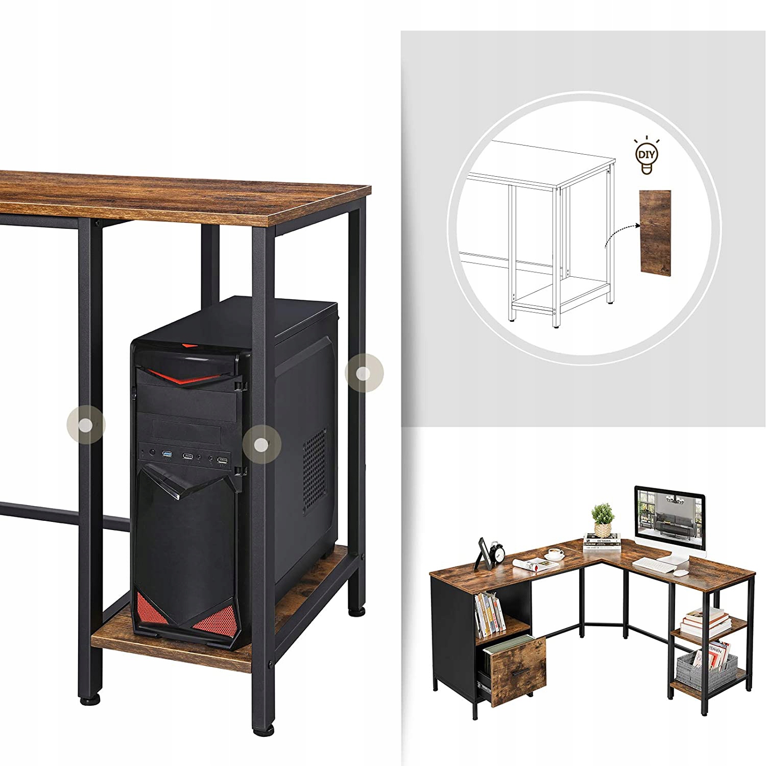 Biurko narożne z szafką loftowe metalowe Szerokość mebla 150 cm