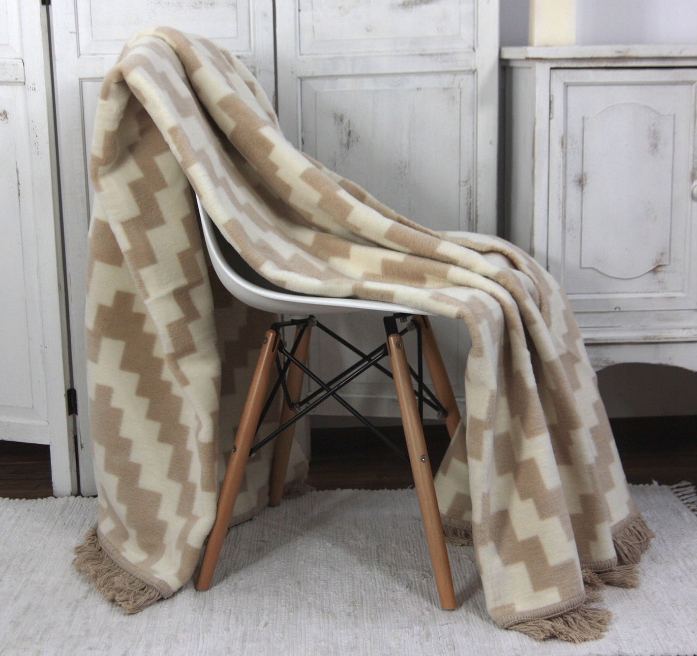 

Miękki Koc Bawełniany Chevron 150x200 Ecru Beż