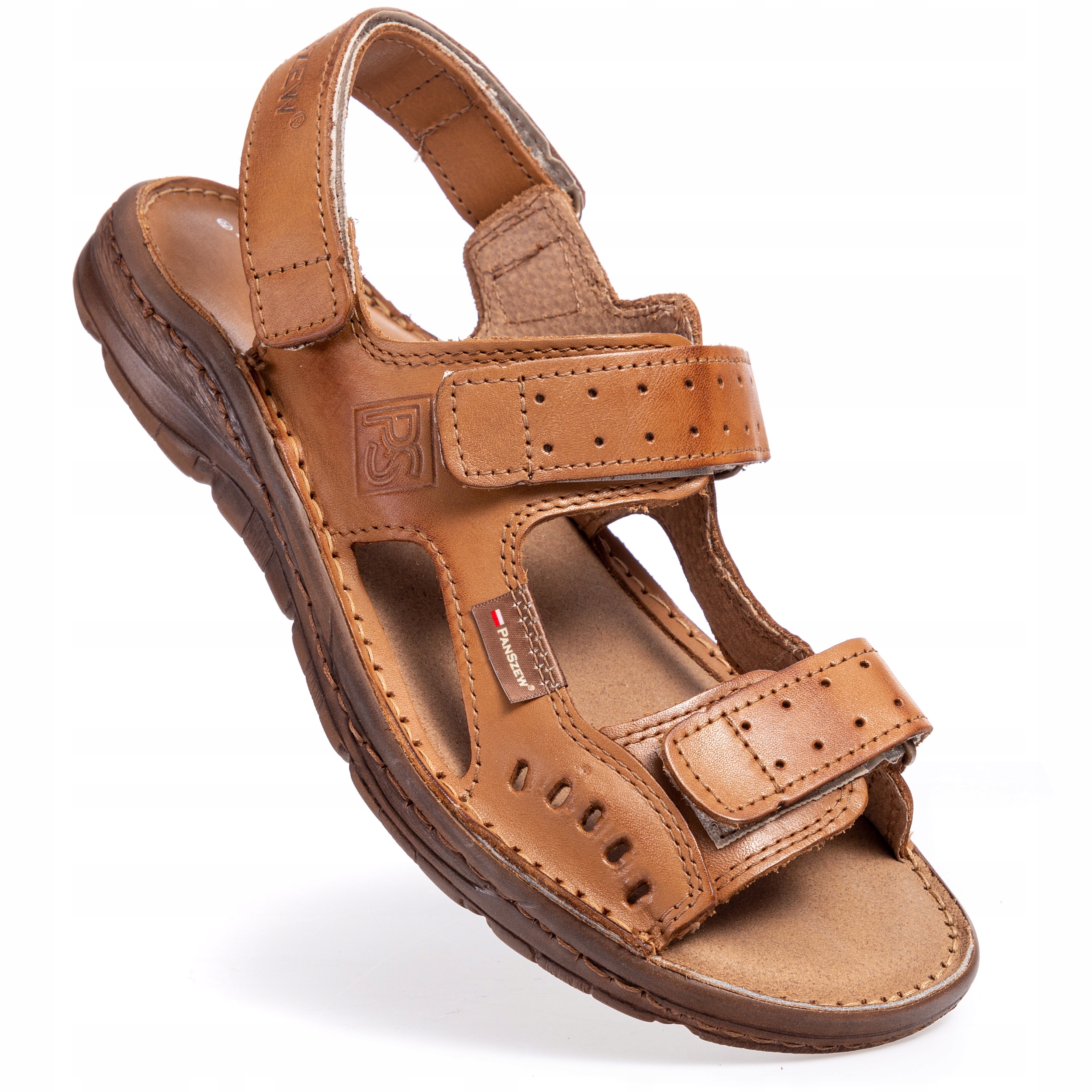 Pánské kožené sandály na suchý zip Přírodní kůže Hnědé Polské PanSzew