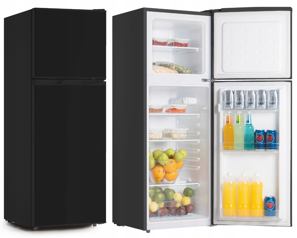 LODÓWKA CHŁODZIARKO-ZAMRAŻARKA 132L LED 125cm Z GÓRNĄ ZAMRAŻARKĄ CZARNA