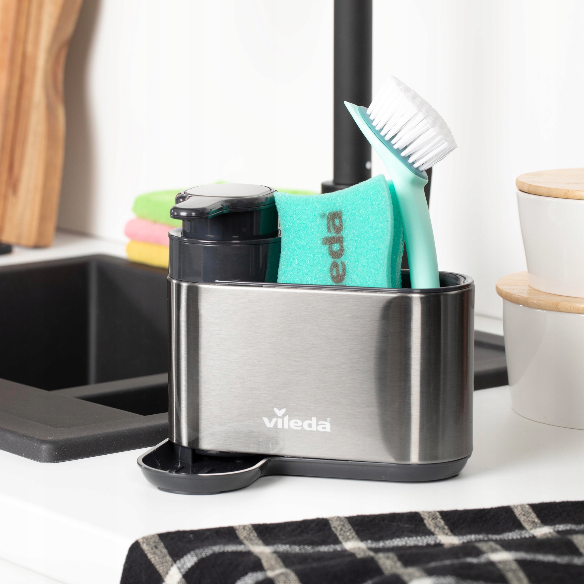 VILEDA ORGANIZER NA ZLEW Z DOZOWNIKIEM PŁYNU DO MYCIA NACZYŃ ZLEWOZMYWAK Marka Vileda