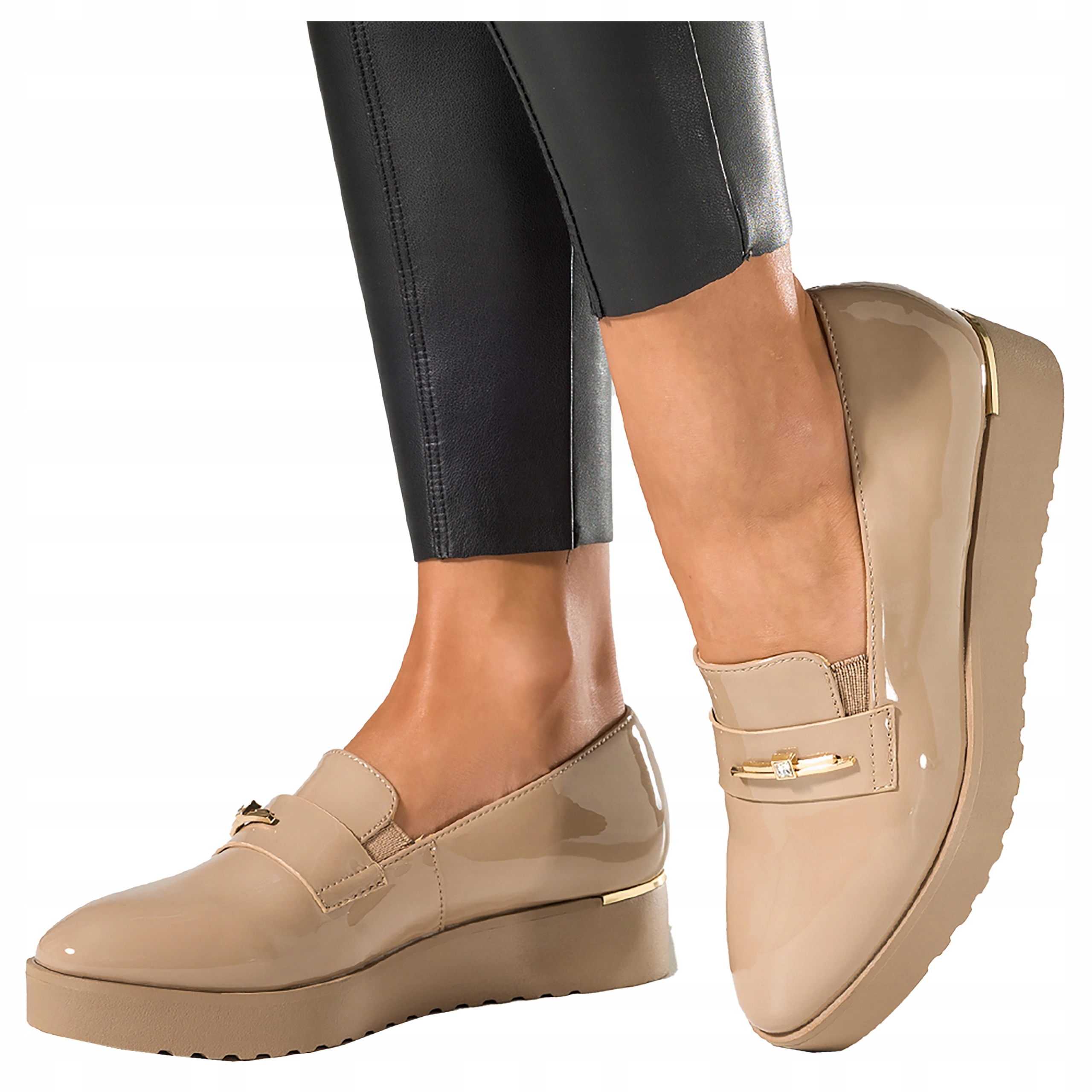 Beżowe Półbuty Mokasyny Damskie Slip On Z Kryształkami Na Platformie r 39