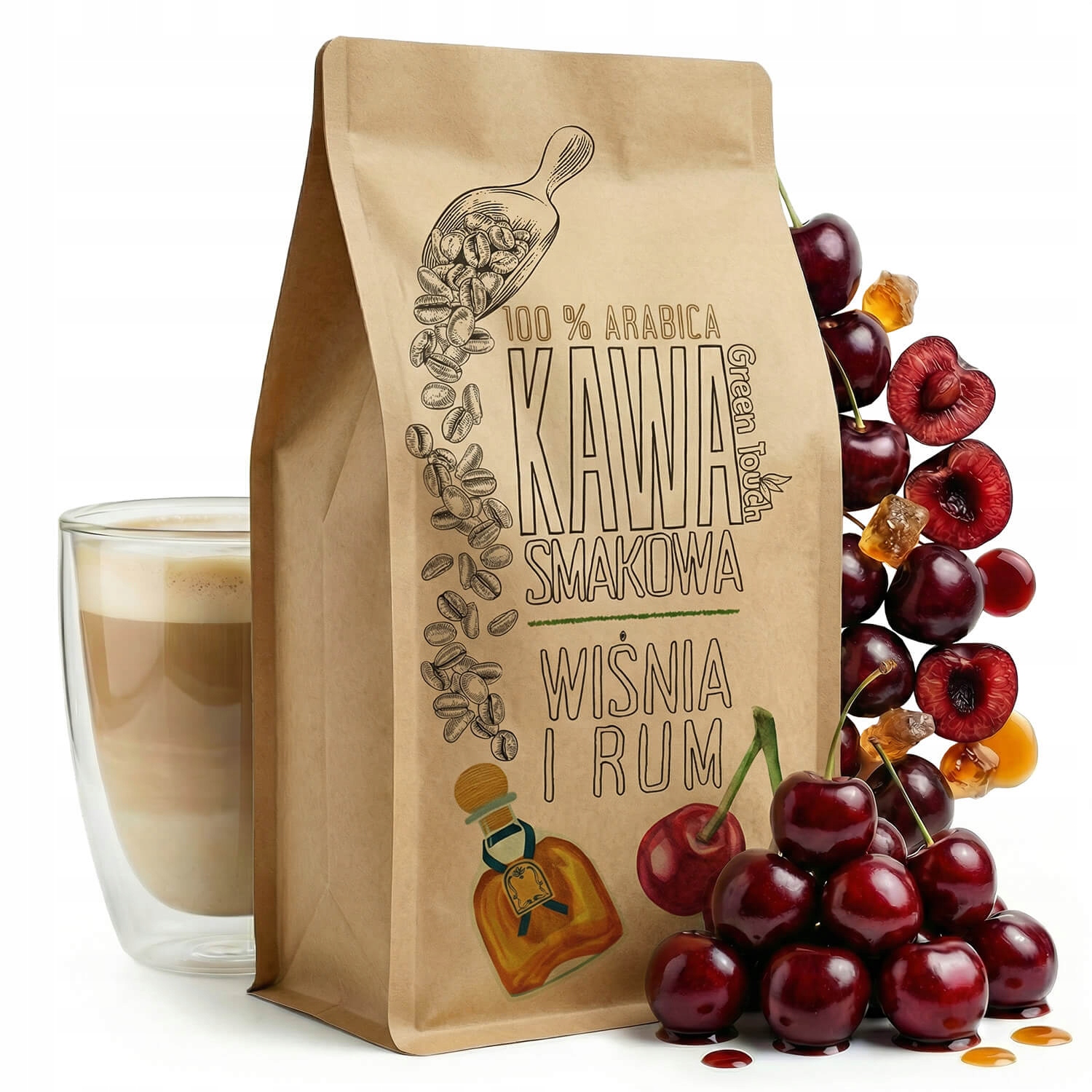 Levně Mletá Káva s příchutí Višně V Rumu višeň a rum arabica 1 kg Green Touch