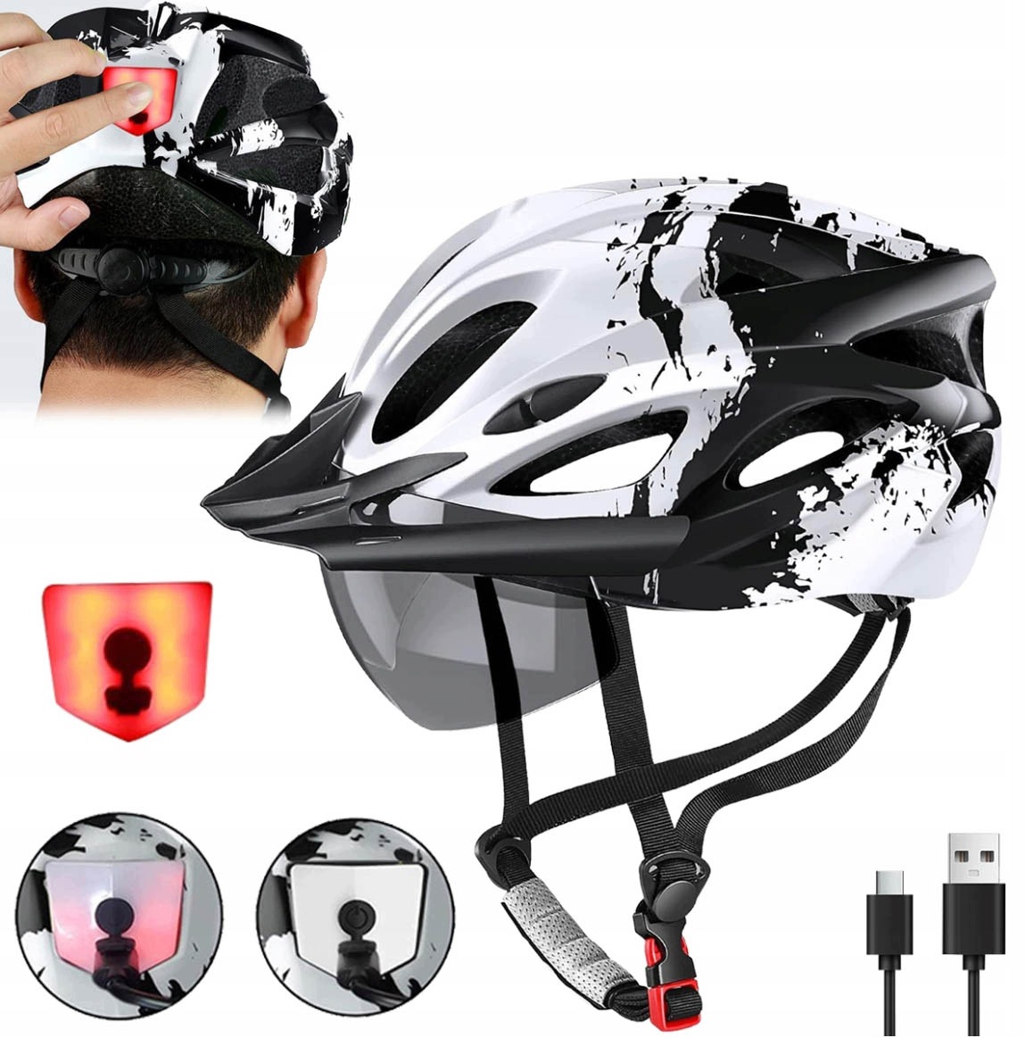 Cyklistická Přilba S Led Světlem Usb-c Sportovní Mtb Stříška Ventilace Síťka L