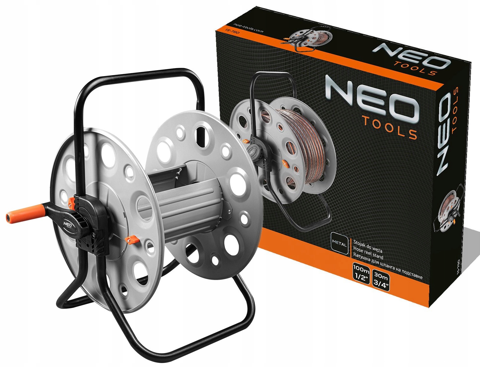 Stojan na zahradní kovovou hadice, navíjecí, silný, až pro 100 m hadice 1/2 Neo