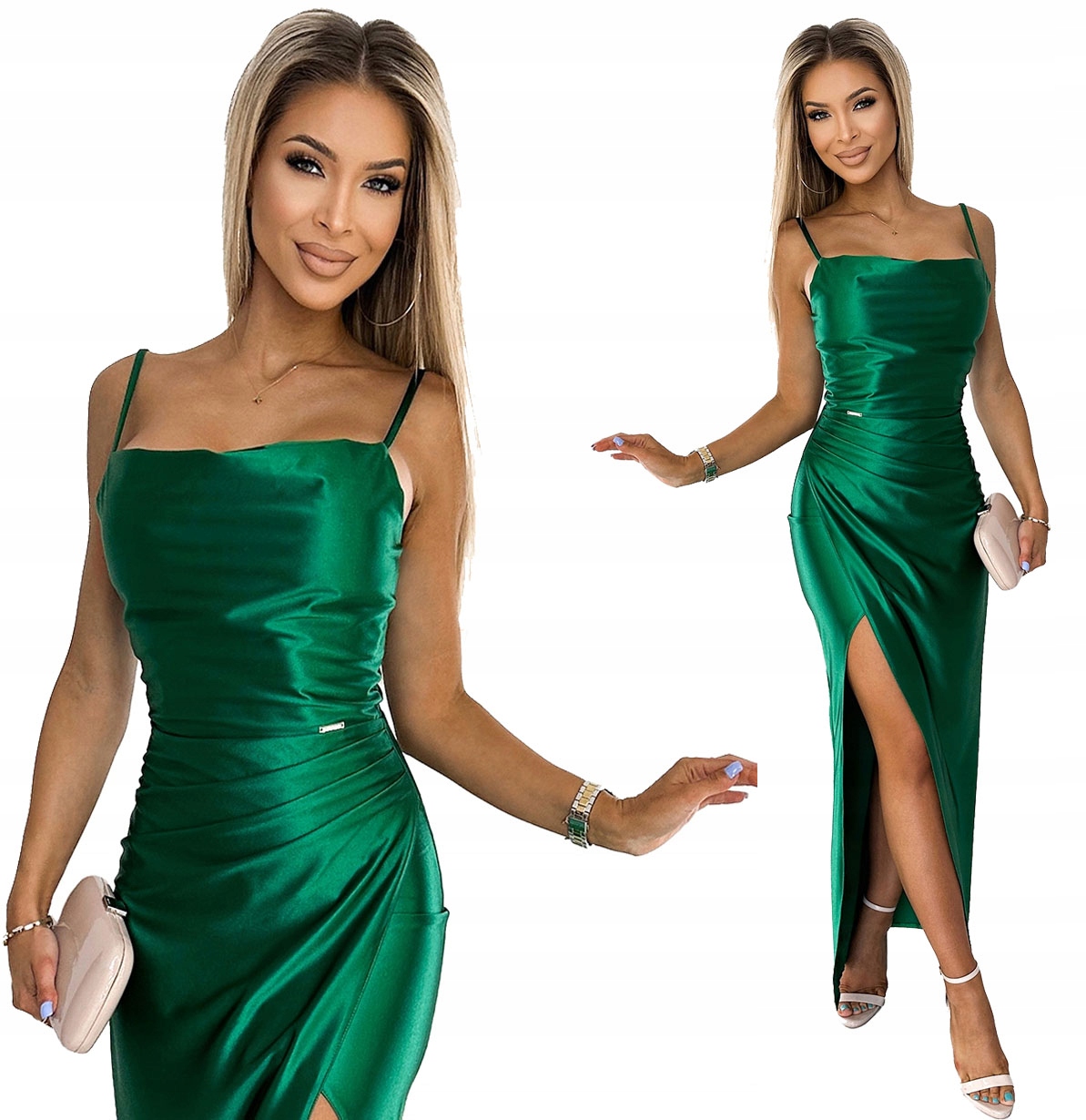 Saténové Šaty Na Svatební Hostina Ples S Rozparkem Na Nohu Zeleň M