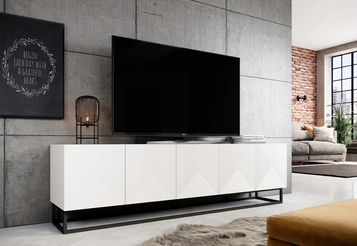 SZAFKA KOMODA RTV 200 cm LOFT stelaż PÓŁKA POD TV NOWOCZESNA BIAŁY MAT ASHA Głębokość mebla 40 cm