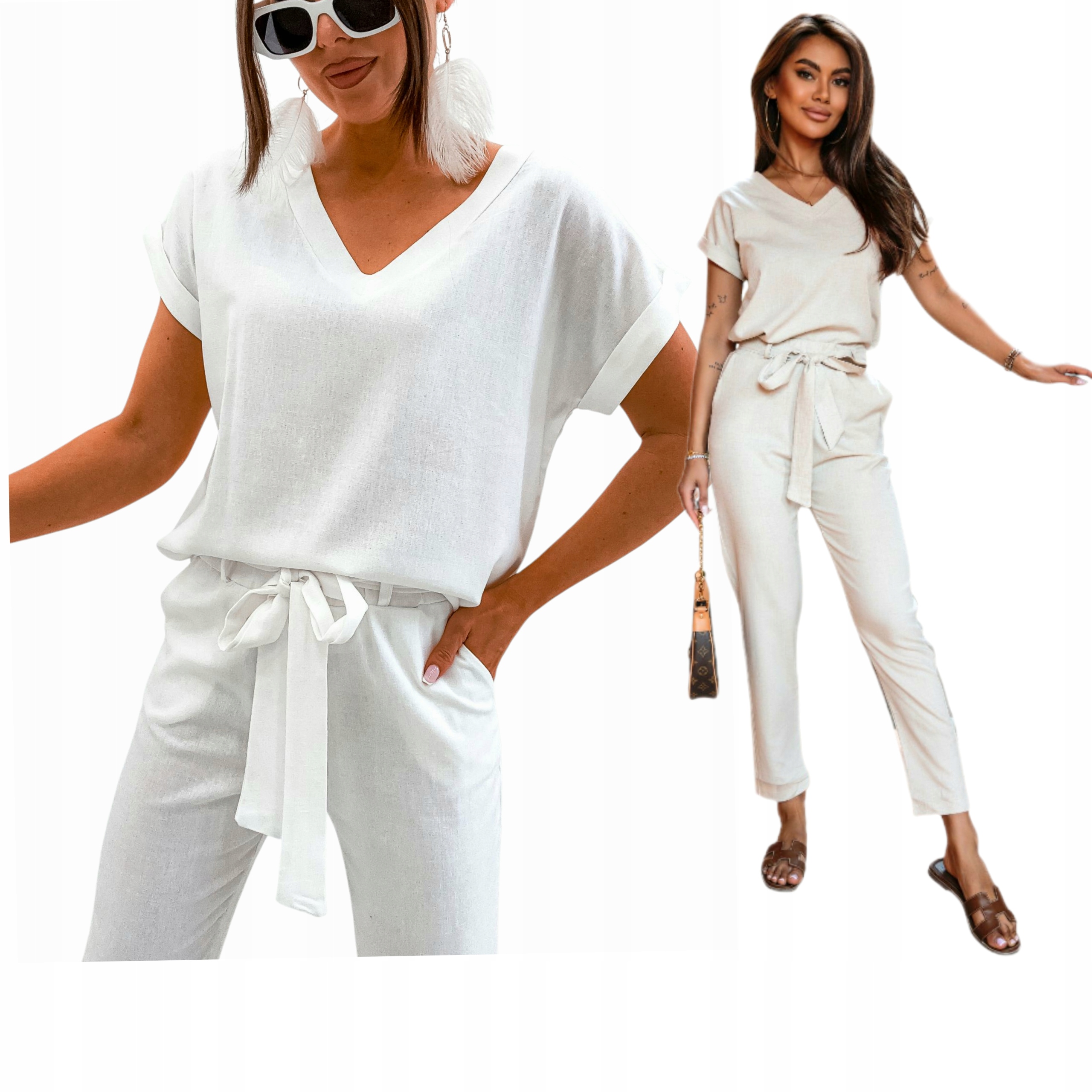 Dámský Prodyšný Bílý Lněný Komplet S Krátkým Rukávem A Kalhotami XL