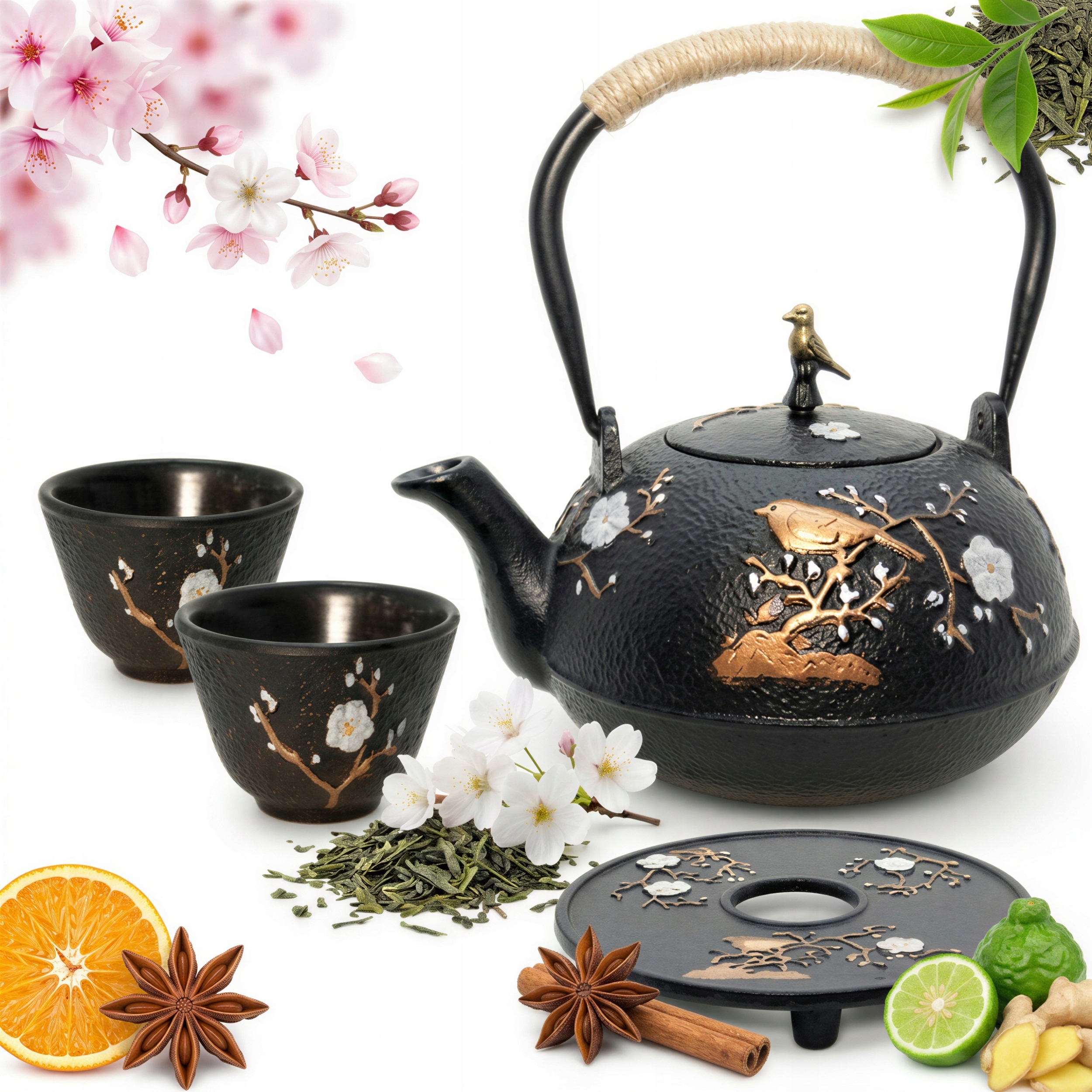 Liatinová Kanvica 1,2L Čajník Lúhovač Sitko Na Čaj +2x Šálky Podložka