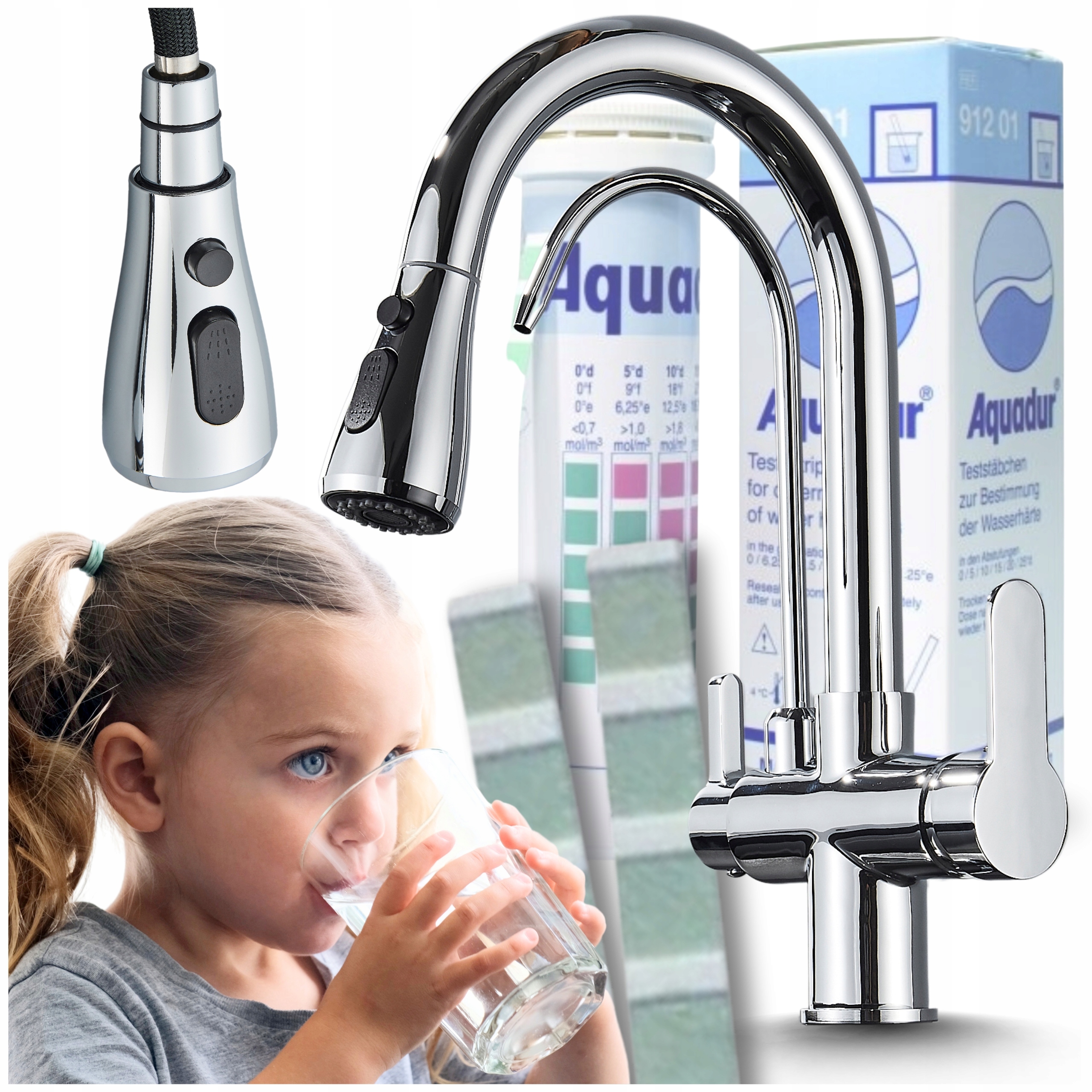 Kuchynská Bateria Vyťahovateľná Flexibilná Trojcestná výtoková nádrž Filtračná voda Chrom