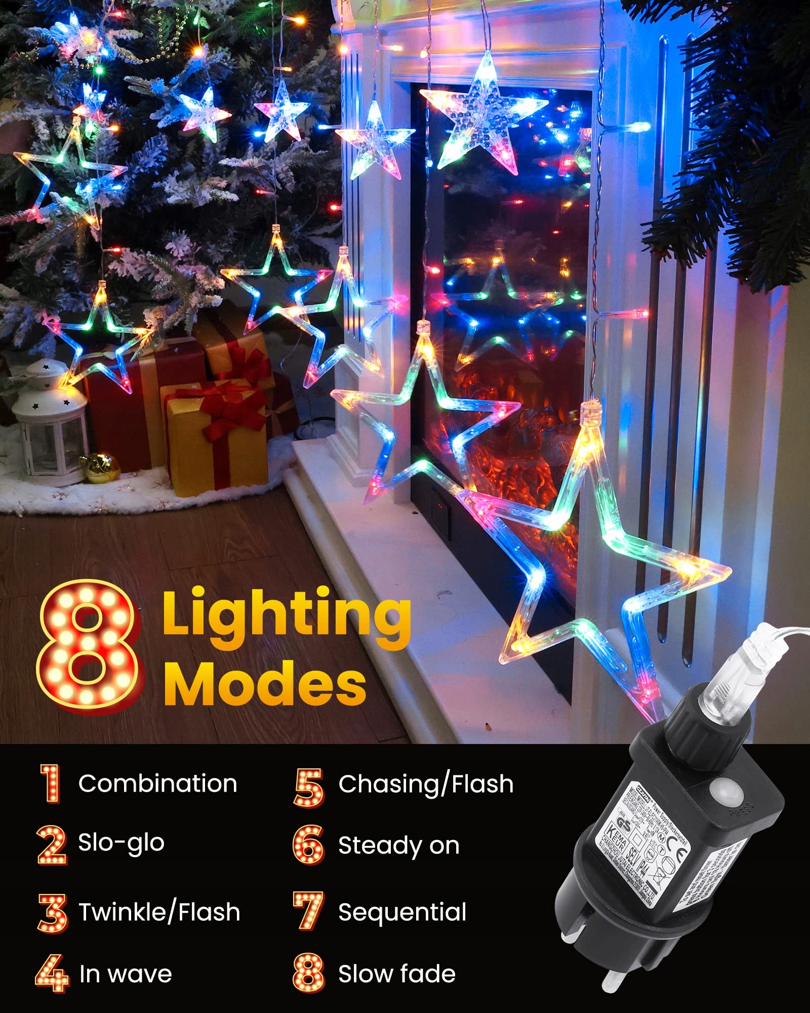 ISHABAO KURTYNA ŚWIETLNA GWIAZDY OZDOBA ŚWIĄTECZNA MULTIKOLOR 138 LED 24x1M — miniatura 6