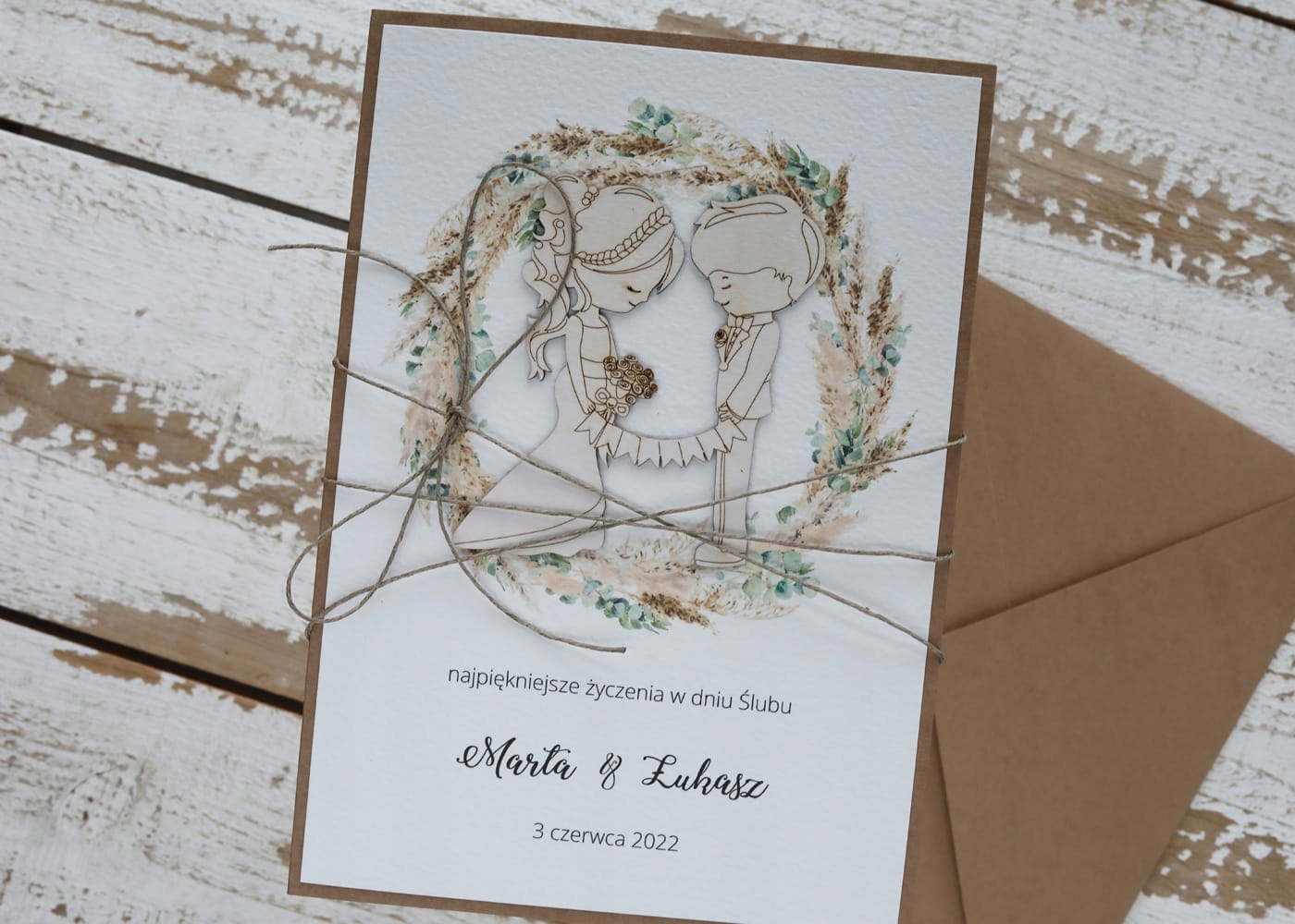 Rustikální svatební přání ručně vyrobené v obálce A5 boho