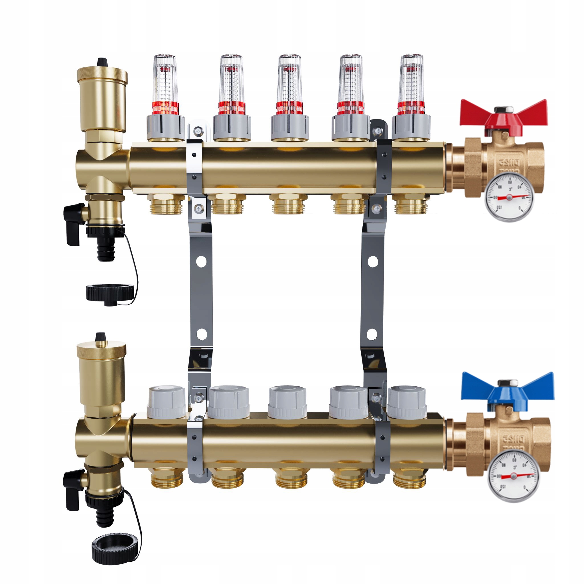 Rozdělovač Pro Podlahovku 5 Okruhů Jednoduchý Kulový Ventil Teploměr