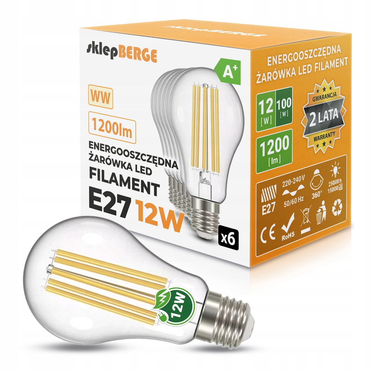 

6x Żarówka Led E27 12W filament edison ozdobna