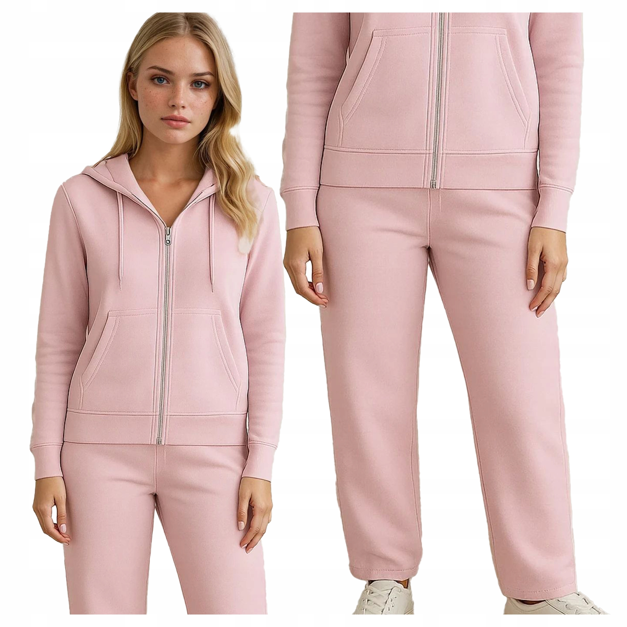 Damski Komplet Dresowy Bluza Rozpinana Z Szerokimi Spodniami Jasny Róż XL