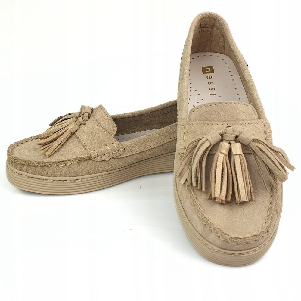 Mokasyny z frędzlami NESSI 18309 beż welur r. 39 Model 18309 SP beż W4