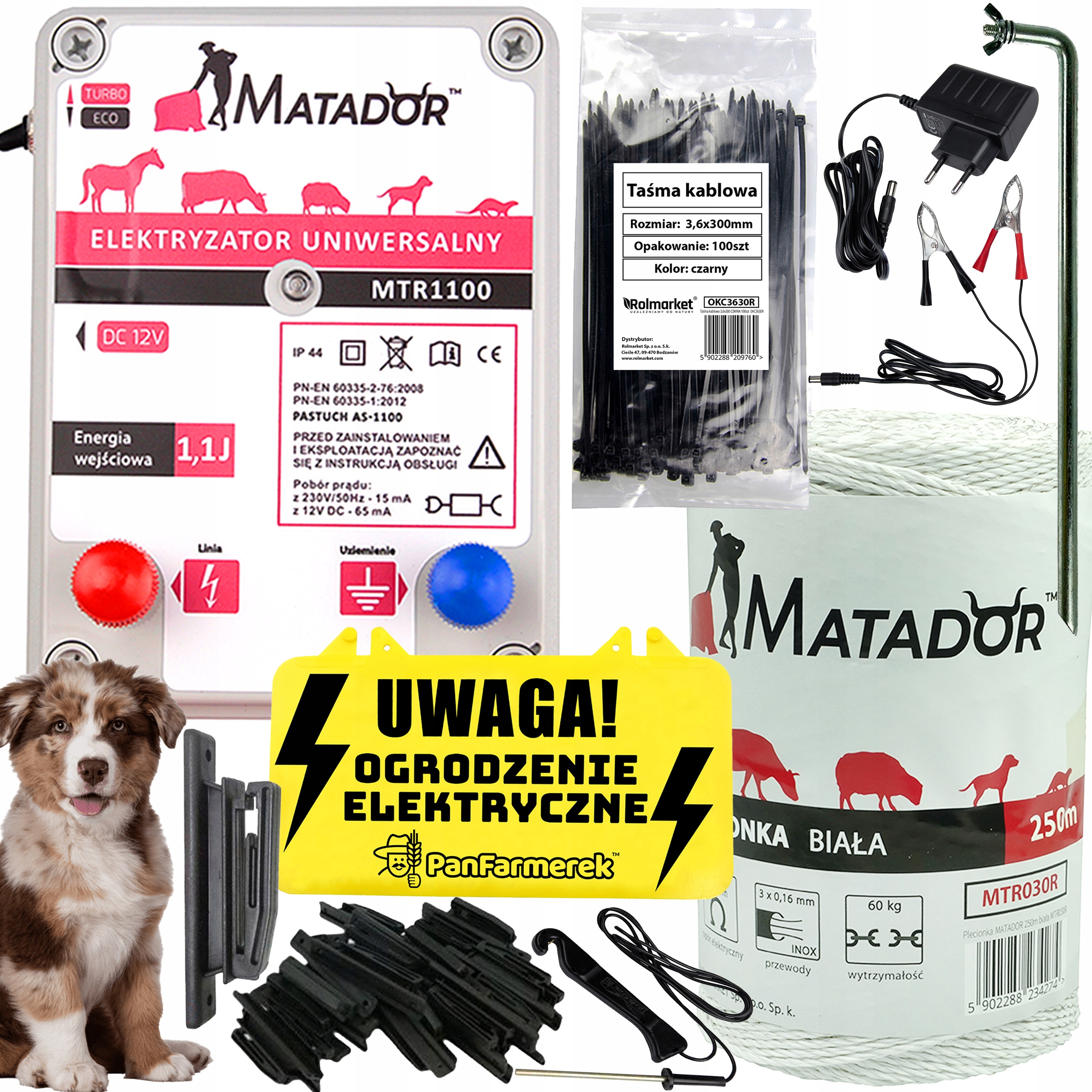 PASTUCH elektryczny DLA PSA POD SIATKĄ elektryzator 1,1J IZOLATORY +TESTER