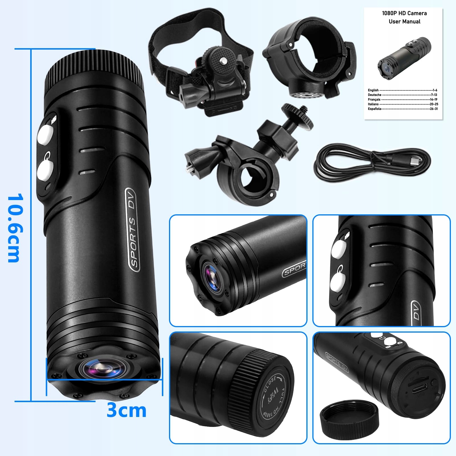 TANGMI Kamera Sportowa WiFi 1080P HD 120° Kąt Szeroki 7h Bateria — miniatura 7