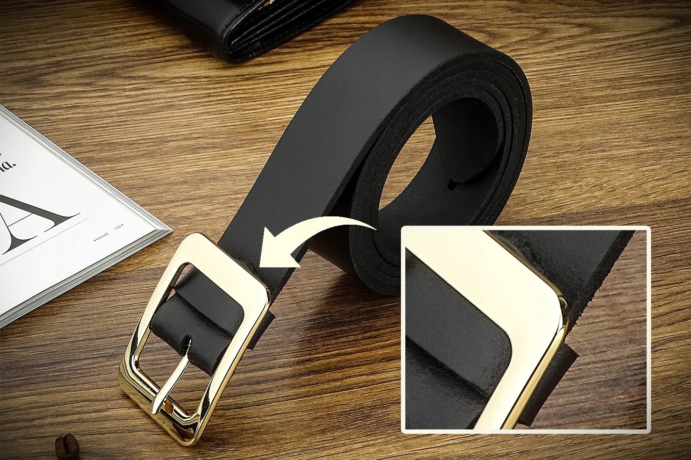 KLAMRA ZŁOTA Damski Pasek do spodni czarny skóra Rozmiar inny