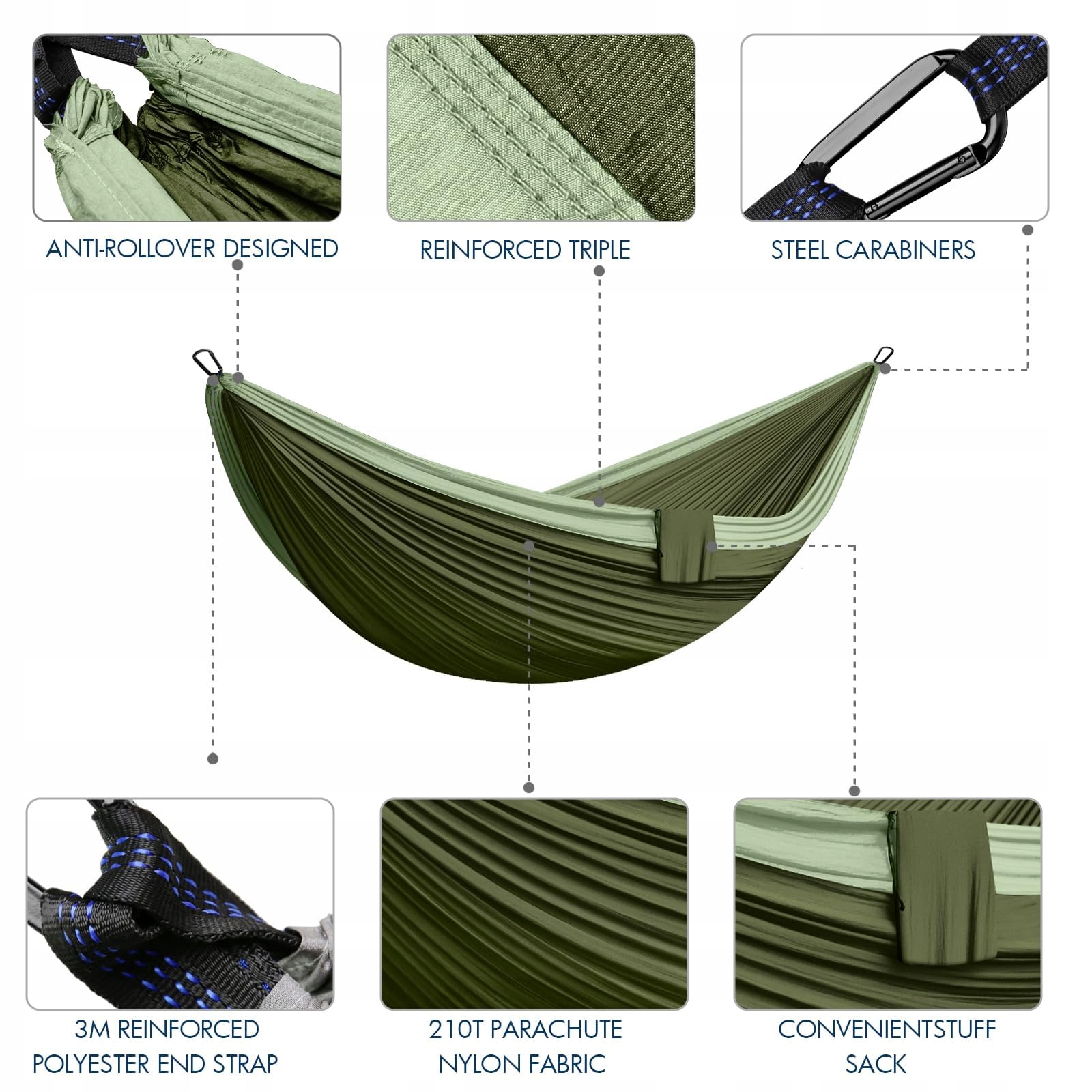 ULTRALEICHT HAMMOCK DLA 2 OSÓB NYLON 300x200cm DO 300kg CAMPING OGRÓD PLAŻA — miniatura 2